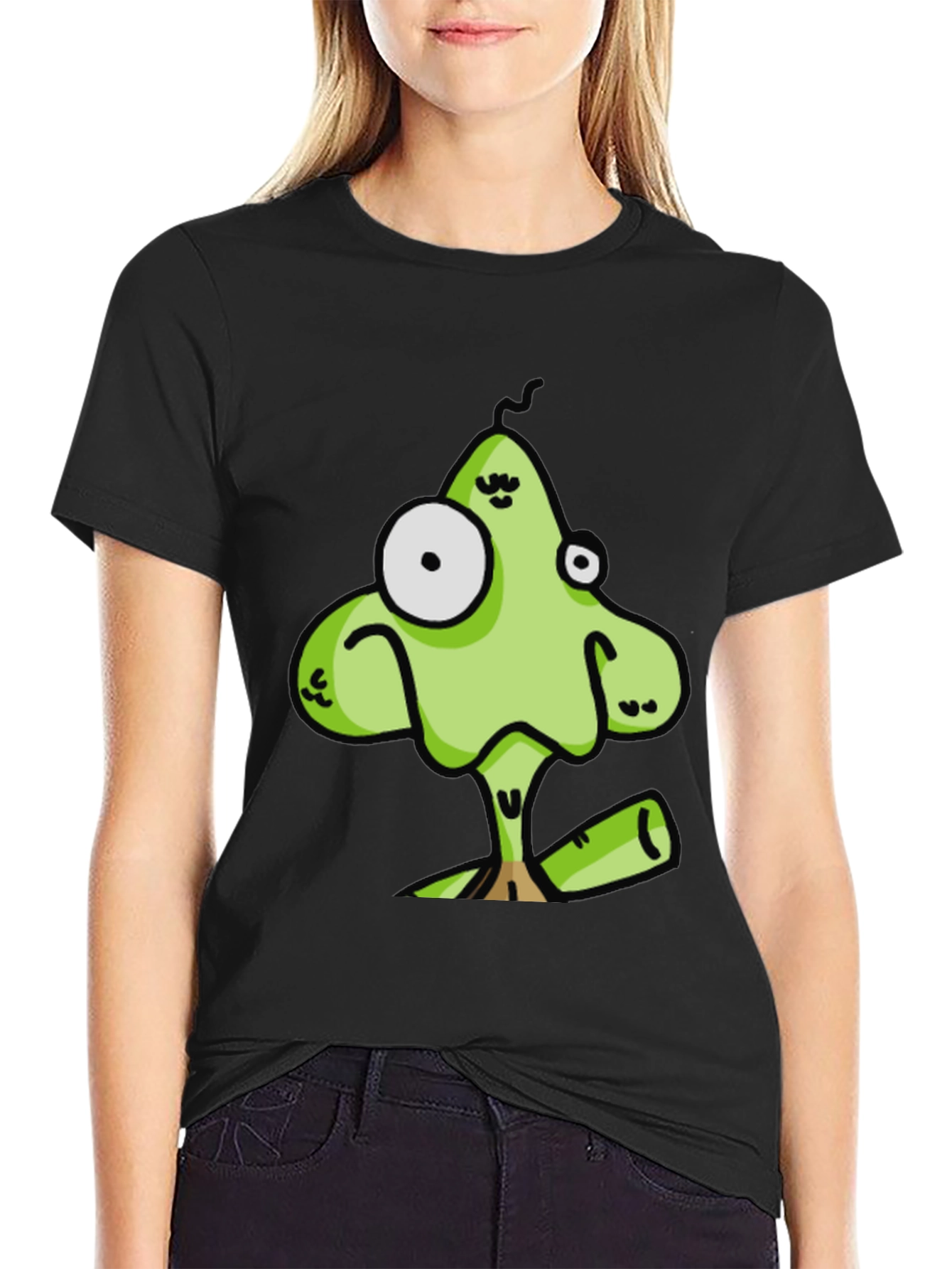 Black Funky Green Cartoon Creature Black T-Shirt view 2