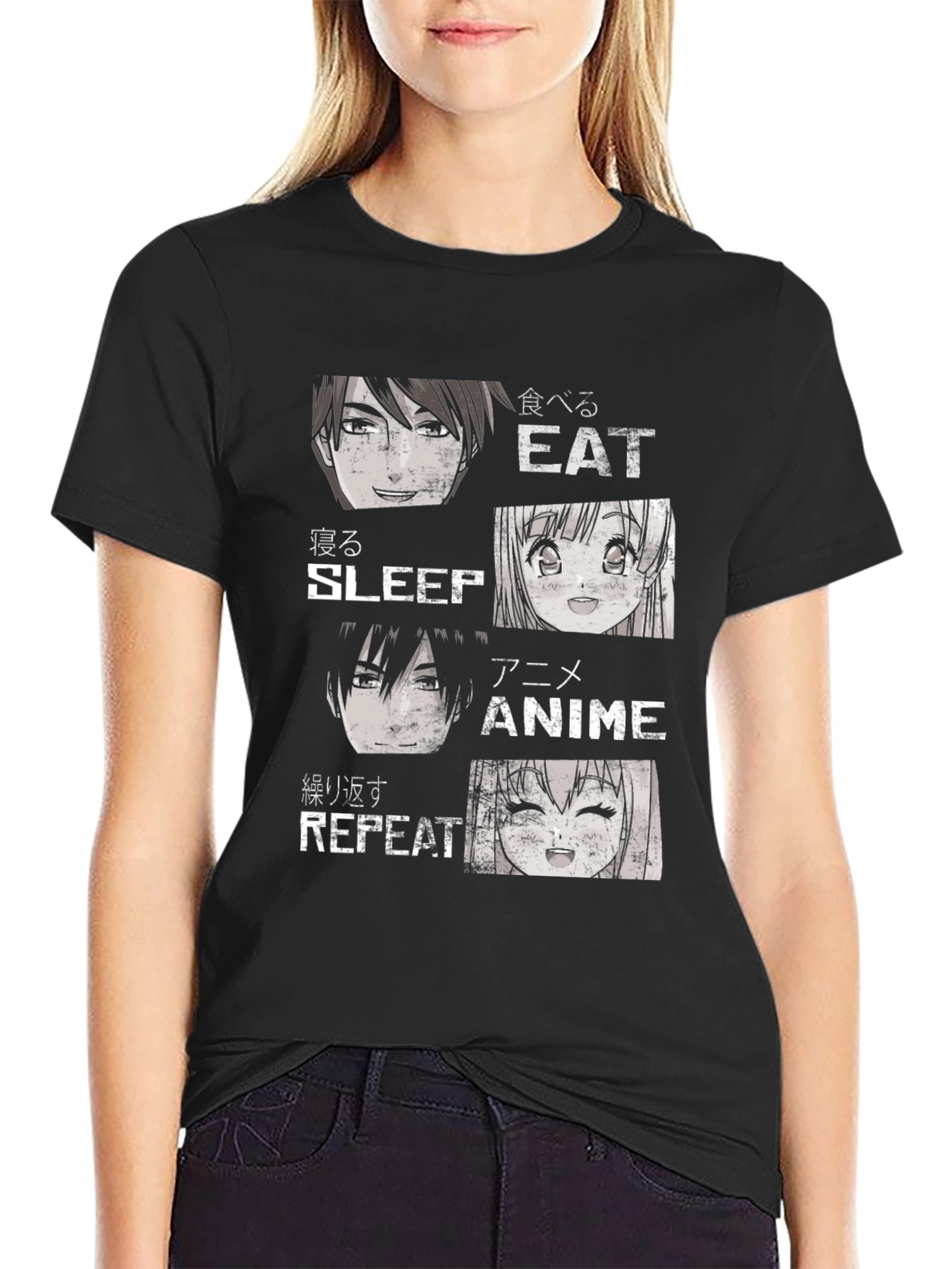 Black Anime Eat Sleep Repeat Black T-Shirt view 2