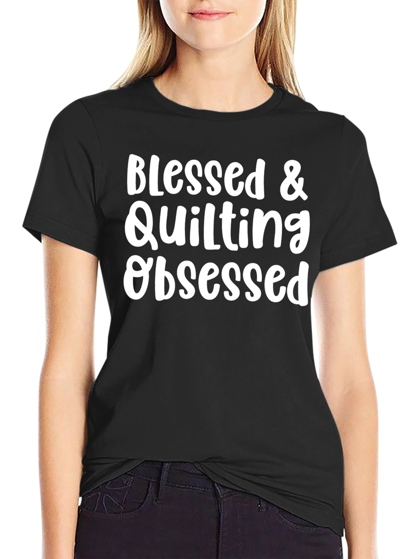 Black Blessed & Quilting Obsessed Black T-Shirt view 2