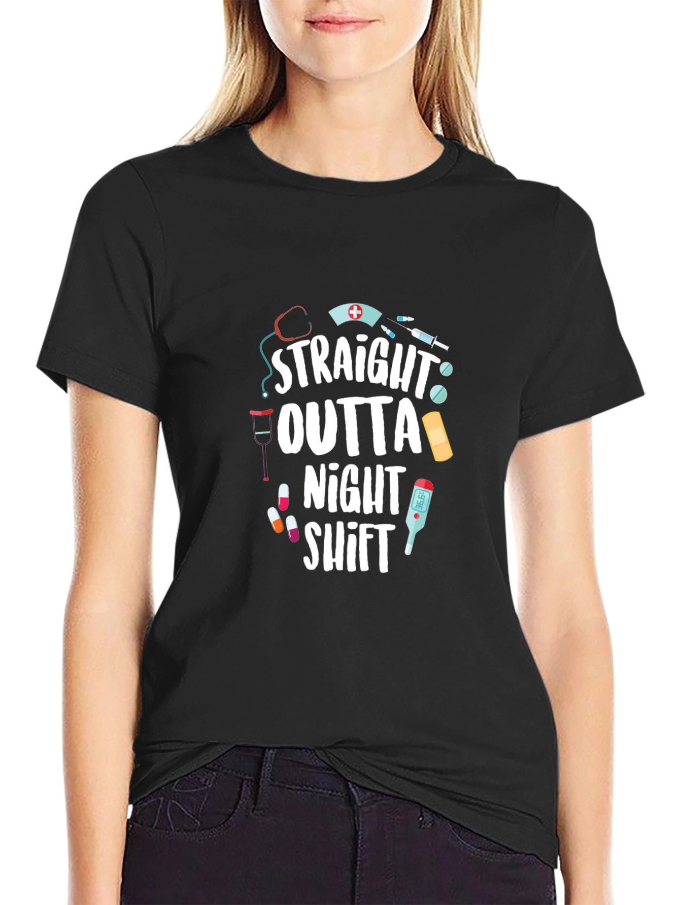 Black Straight Outta Night Shift T-Shirt - Nurse Gift view 2