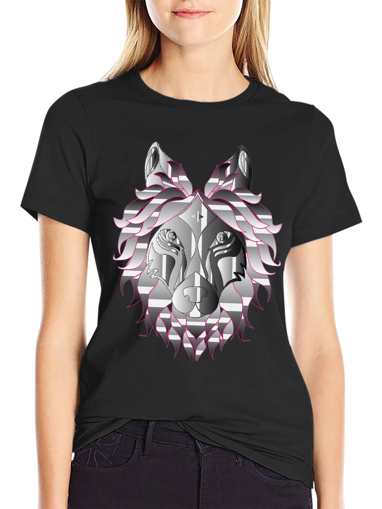 Black Geometric Wolf Graphic Tee - Black view 2