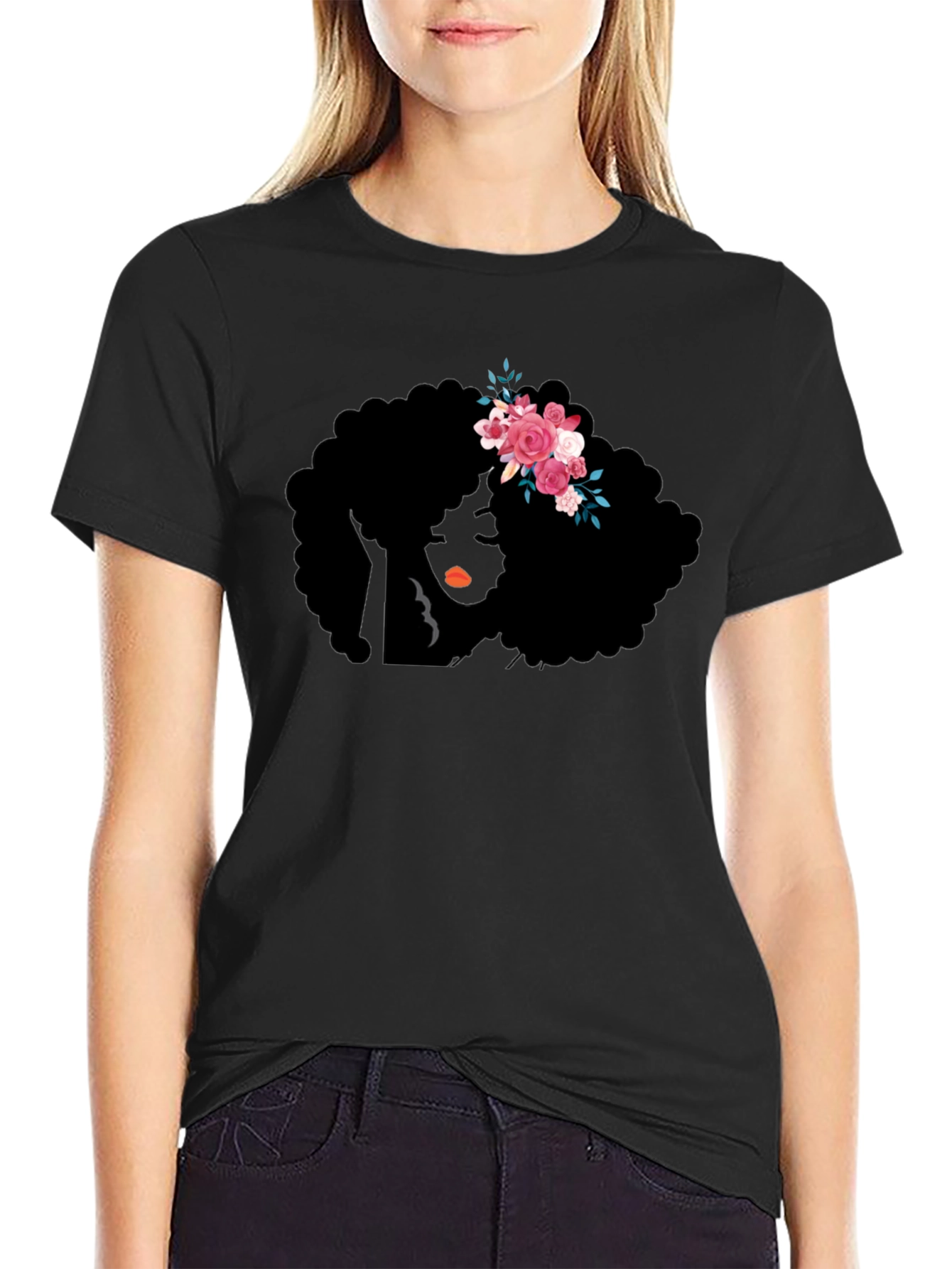 Black Afro Woman Flower Crown Graphic Tee view 2