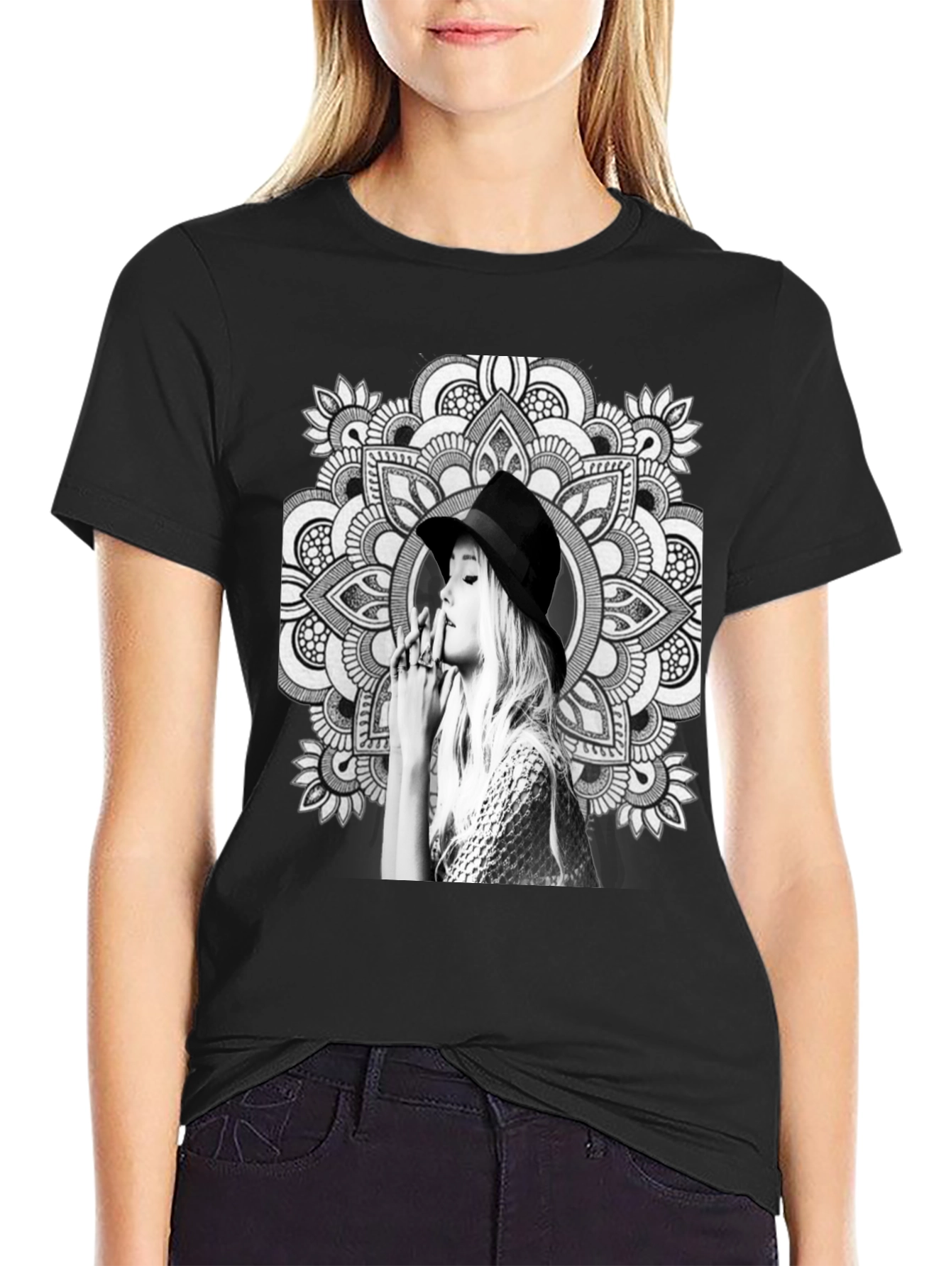Black Black T-Shirt with Artistic Mandala Design view 2