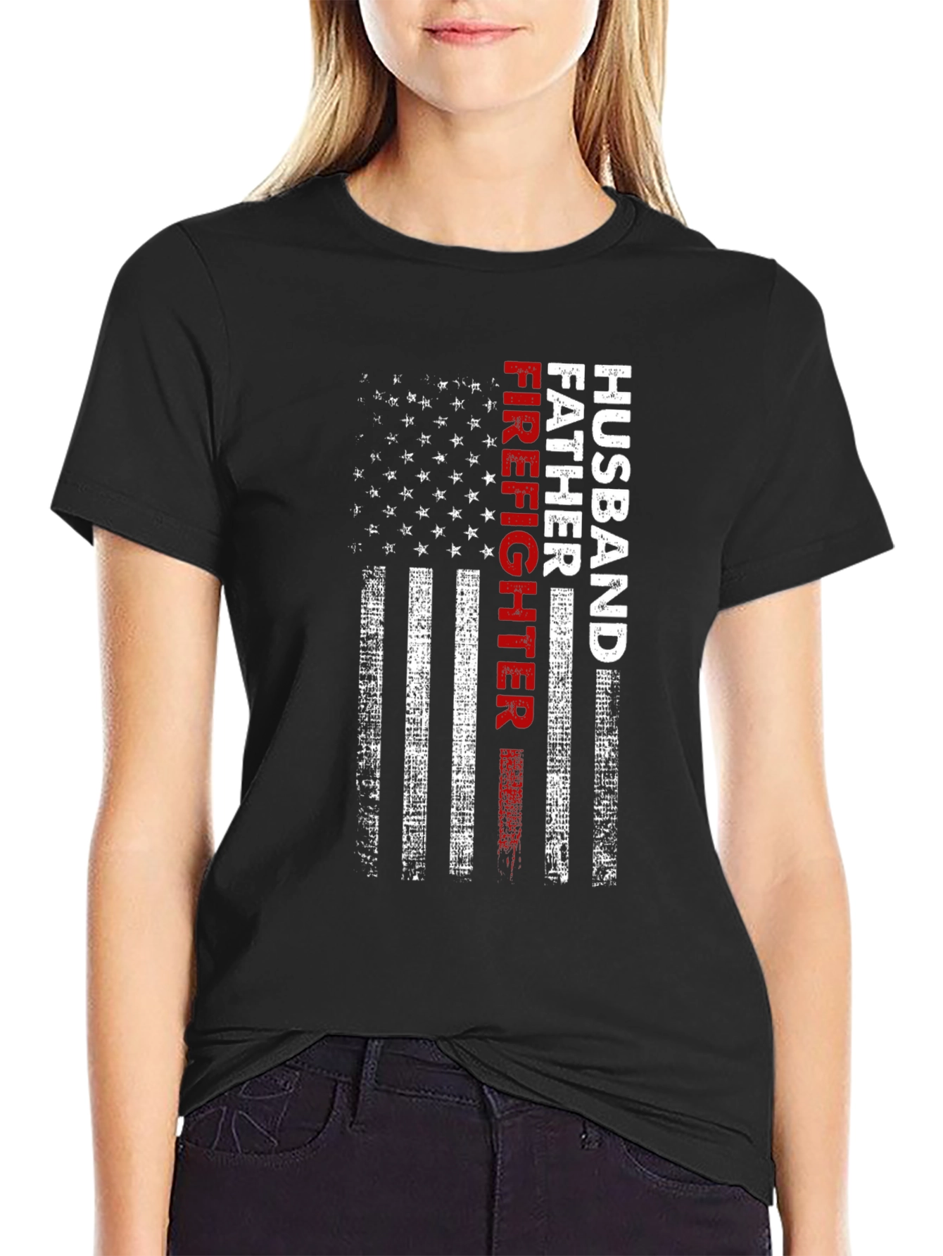 Black Husband Father Firefighter American Flag T-Shirt view 2