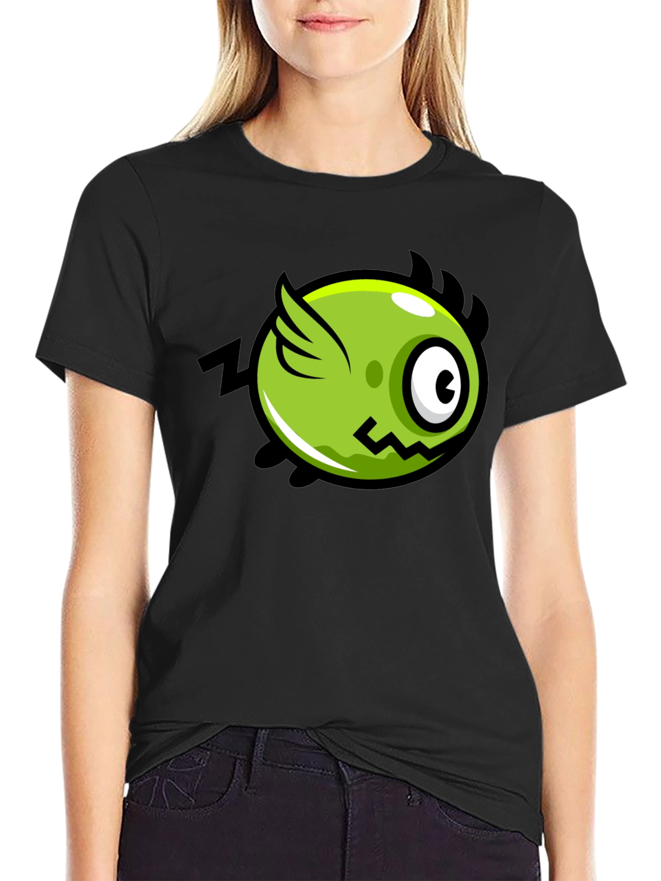 Black Funky Green Flying Eye Cartoon Black Tee view 2