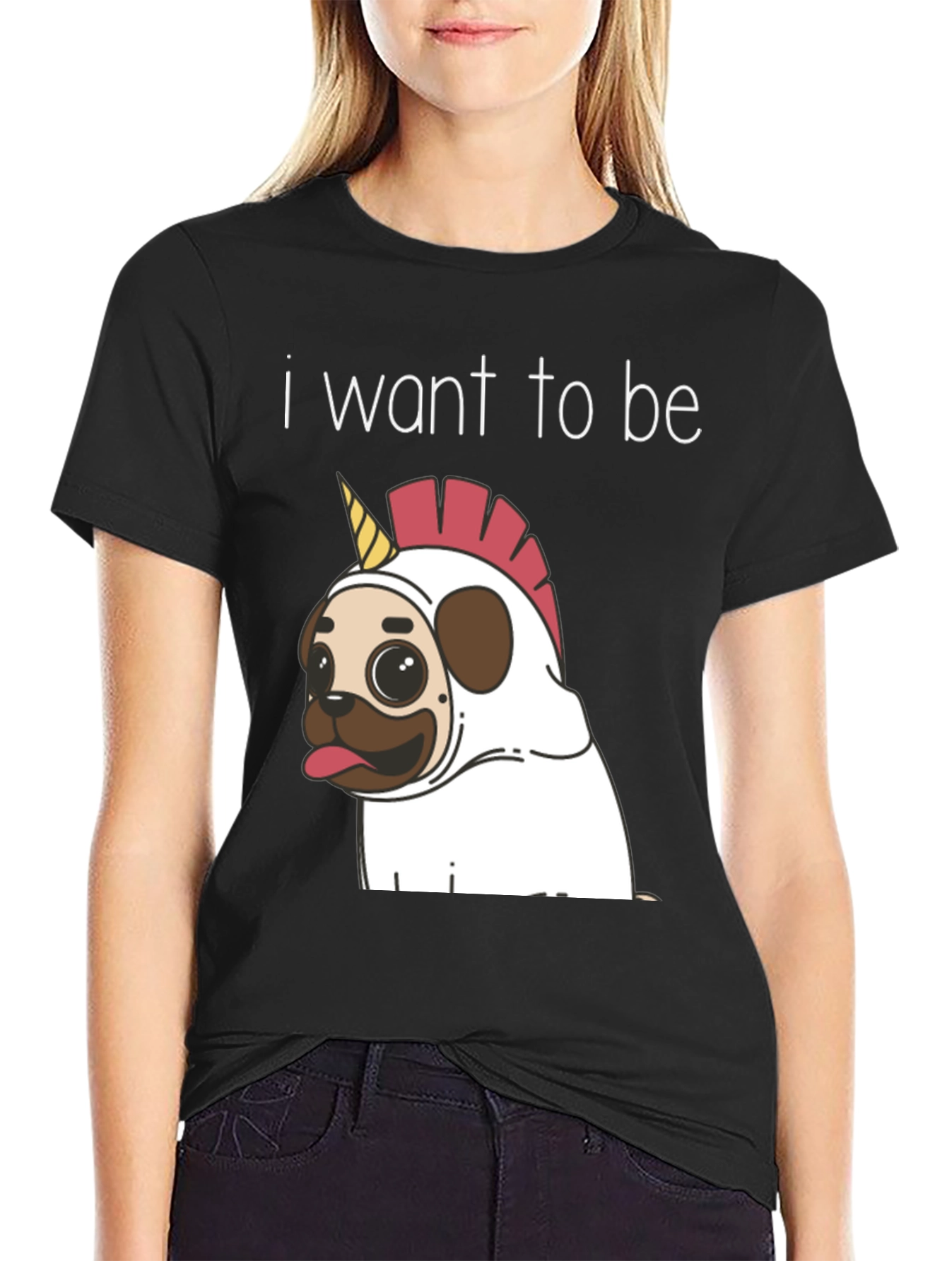 Black Funny Pug Unicorn T-Shirt - I Want To Be view 2