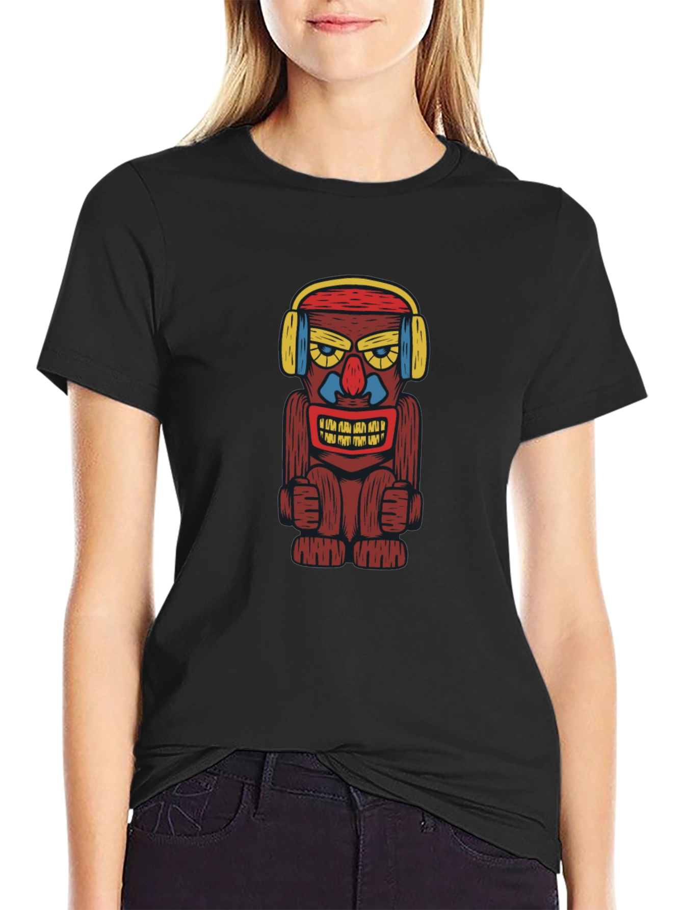 Black Groovy Tiki Headphone Graphic Tee view 2