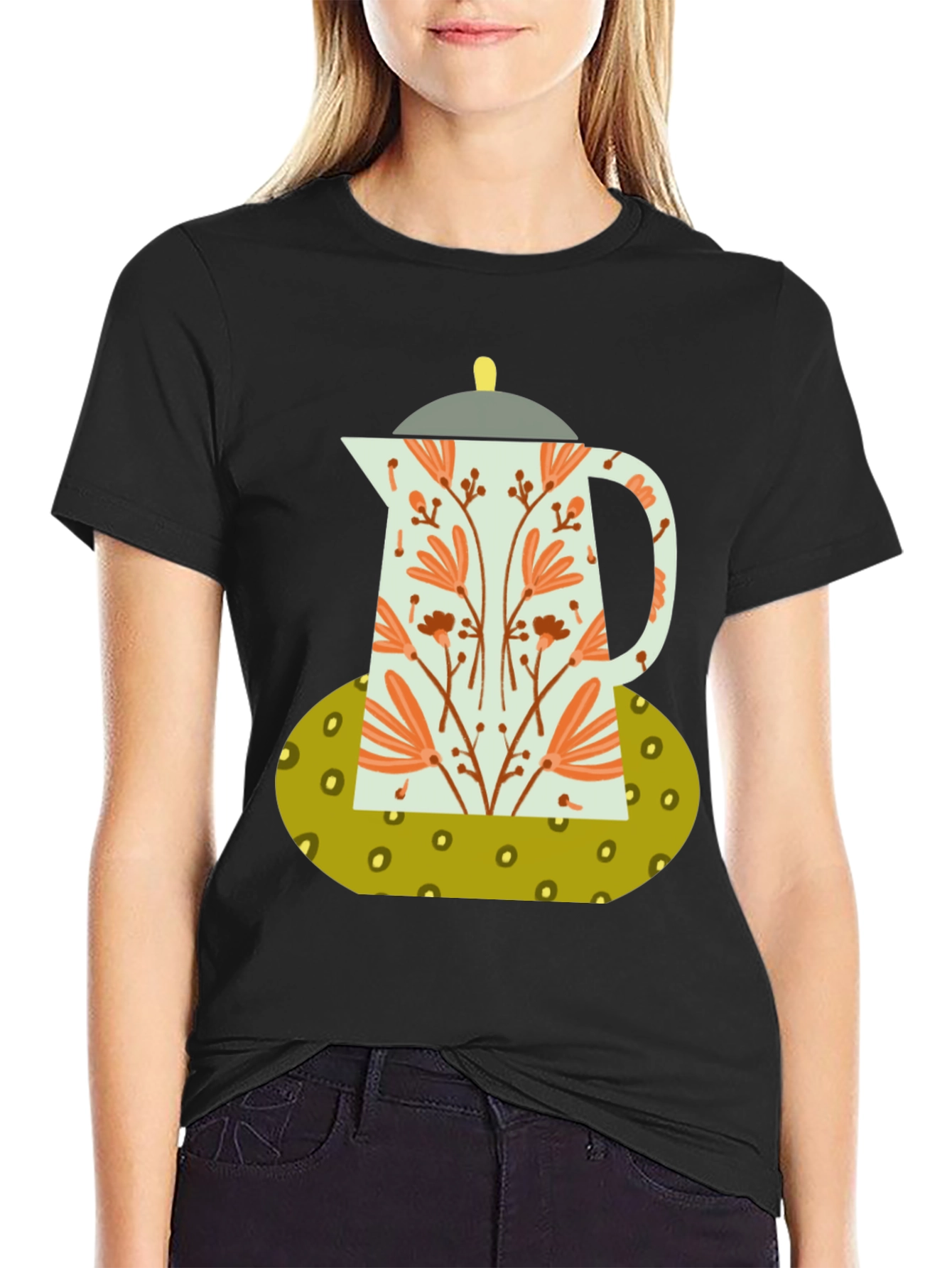 Black Floral Coffee Pot Graphic Tee - Black Cotton Blend view 2
