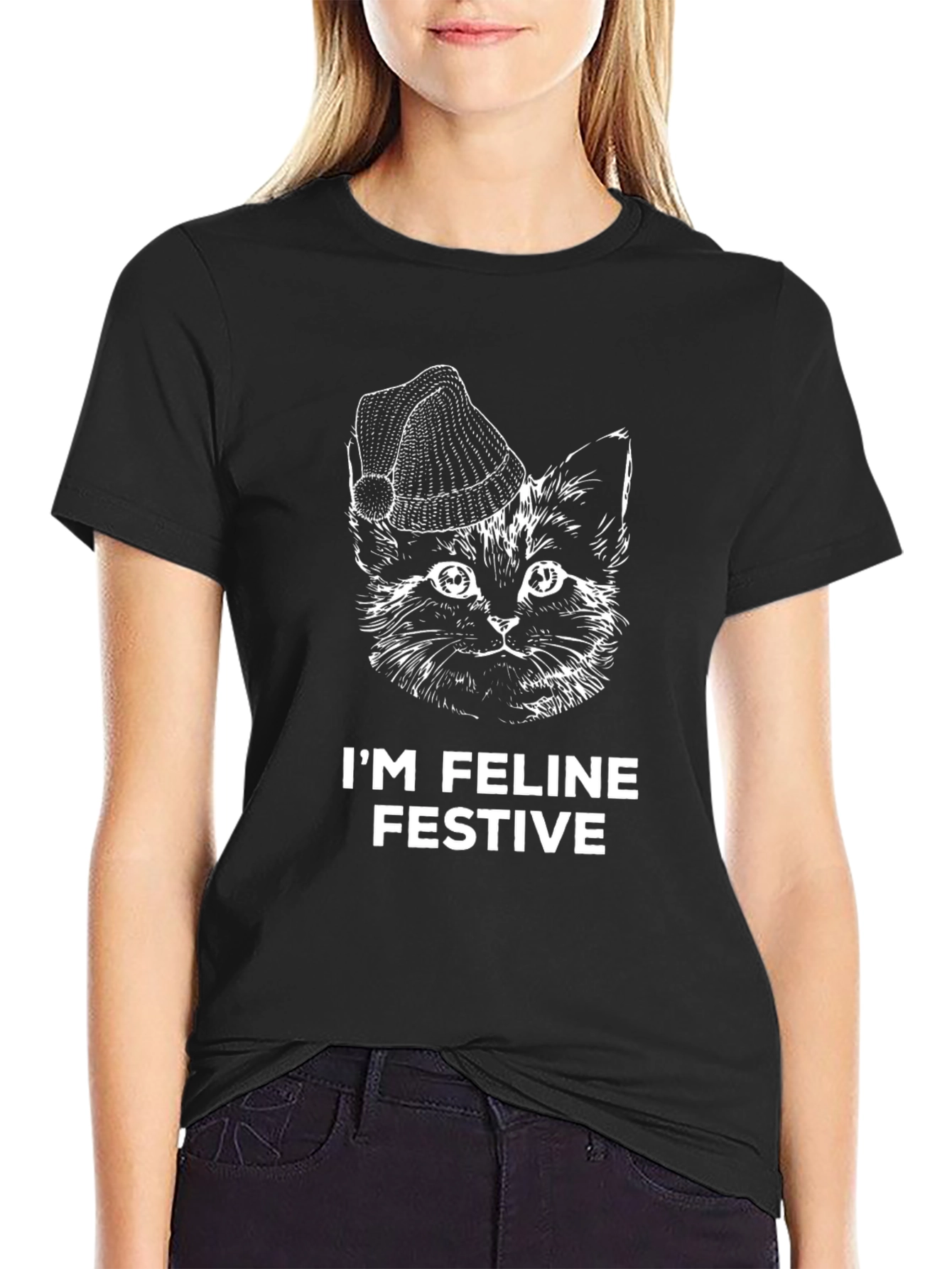 Black Festive Feline Black T-Shirt view 2