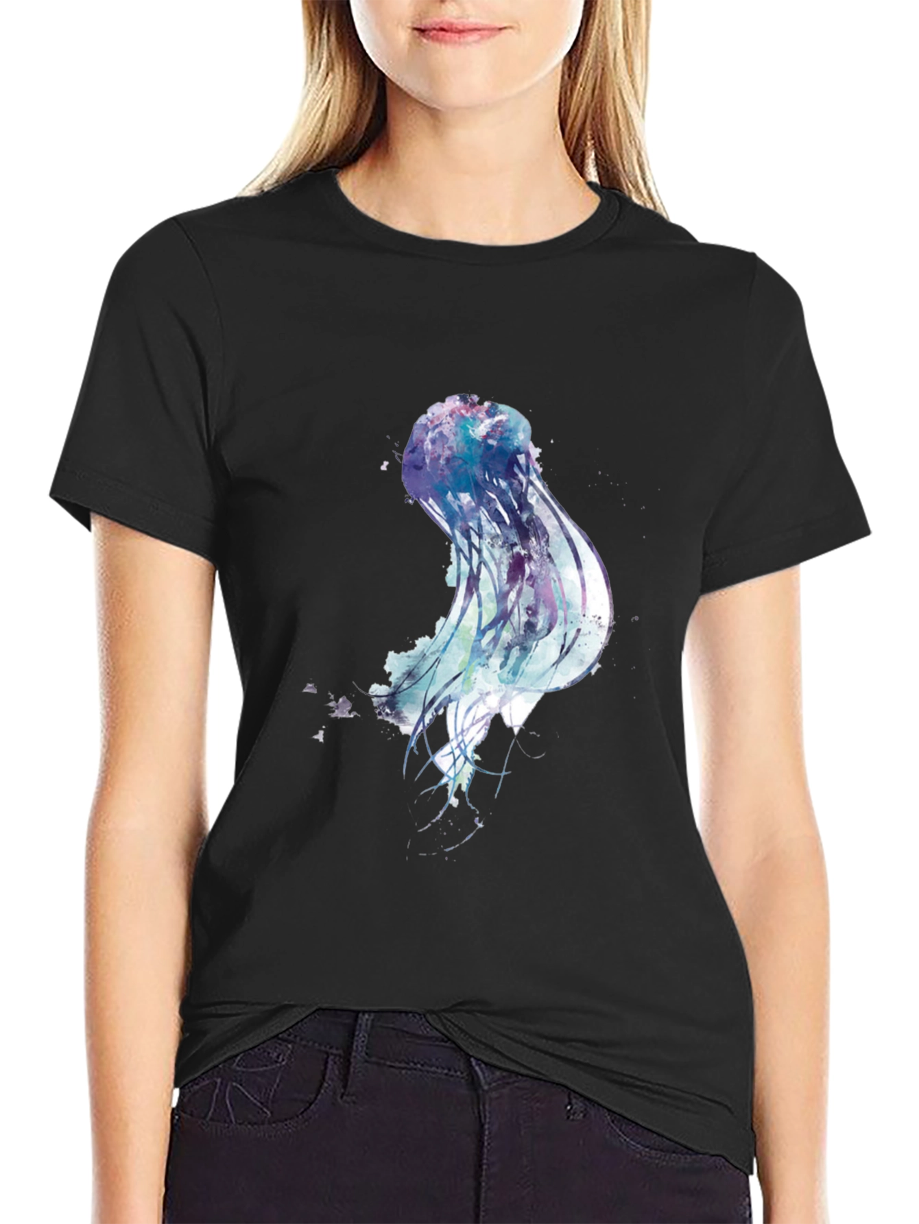 Black Jellyfish Watercolor Graphic Print Black T-Shirt view 2