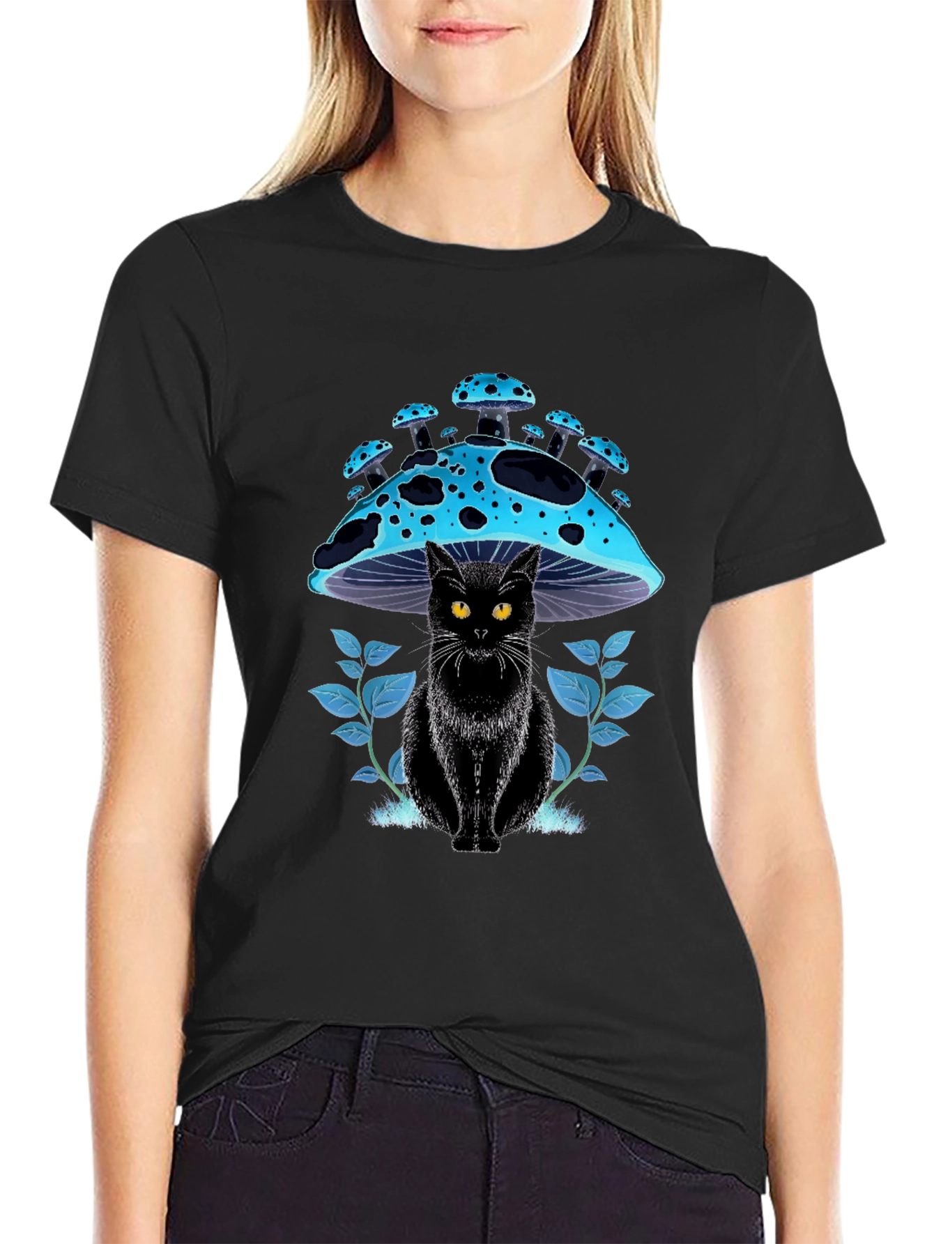 Black Black Cat Mushroom T-Shirt - Unique Graphic Tee view 2