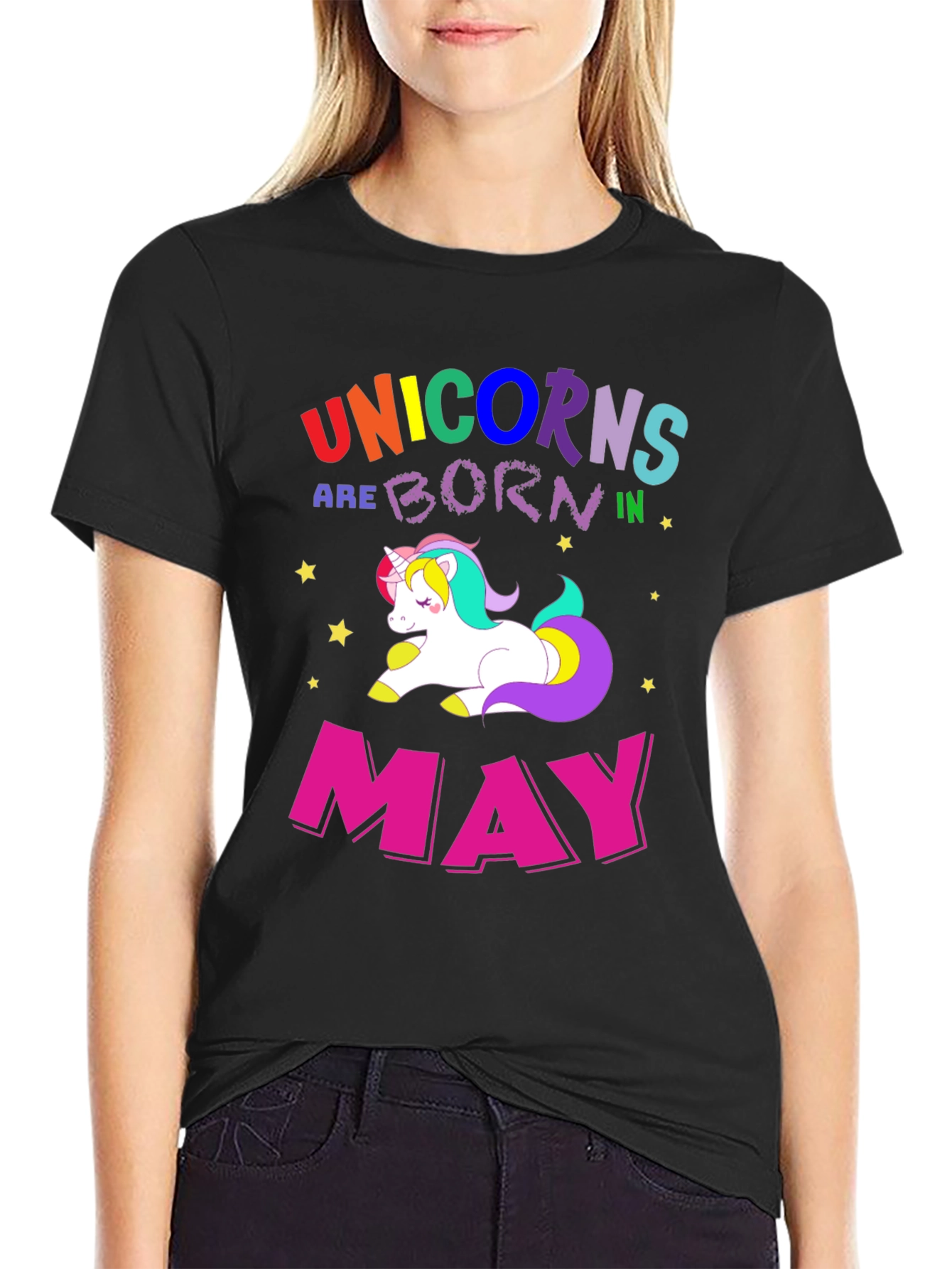 Black Unicorns Born in May T-Shirt view 2