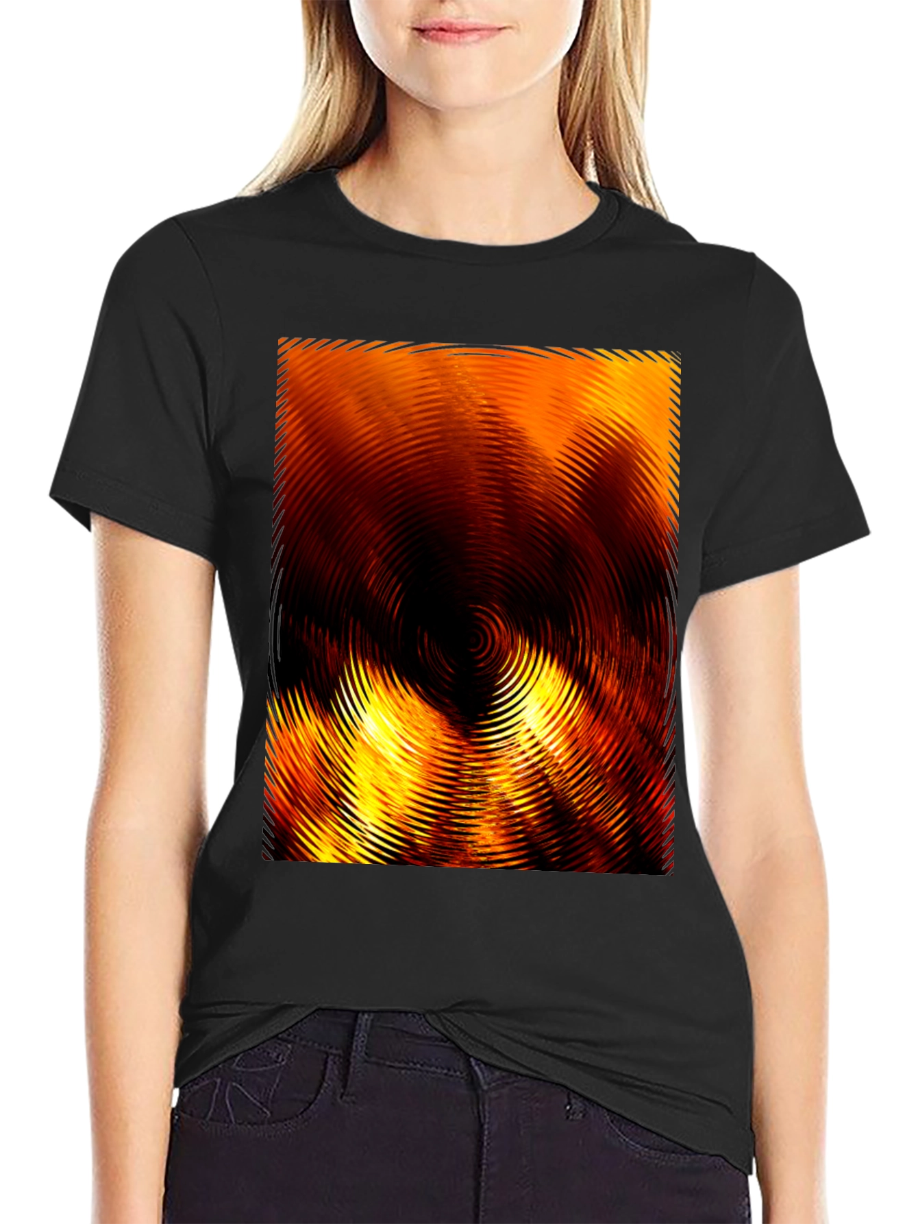 Black Fiery Abstract Ripple Print Black T-Shirt view 2