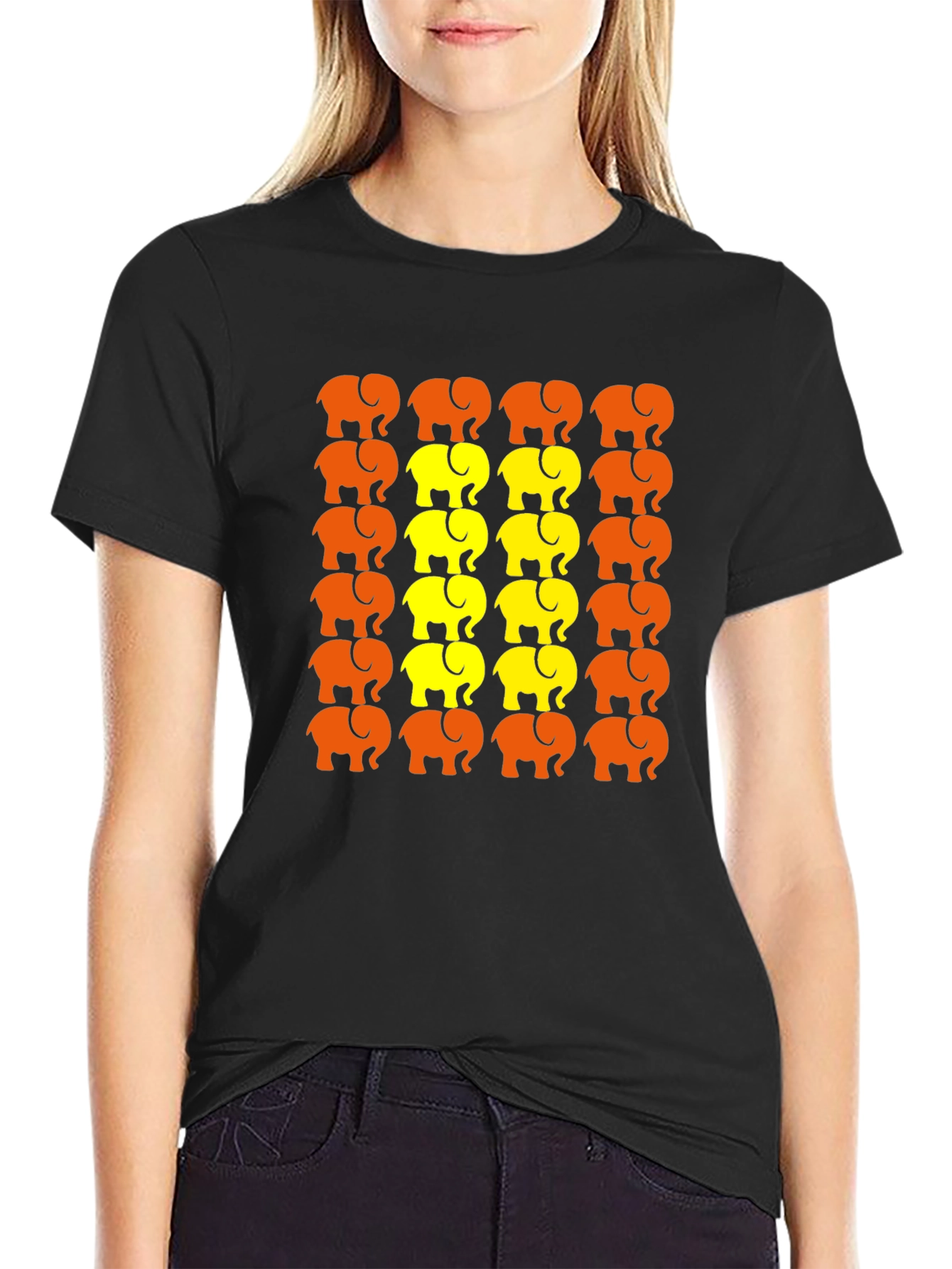 Black Elephant Patterned T-Shirt - Novelty Graphic Tee view 2