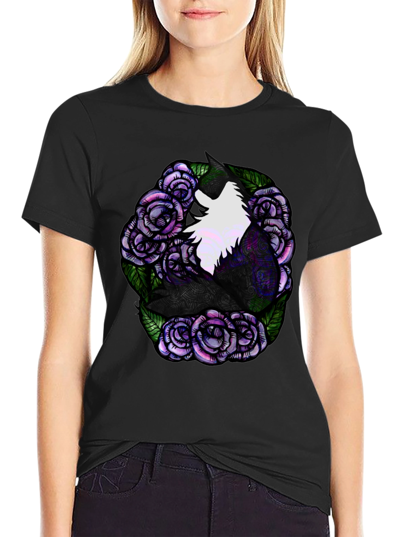 Black Floral Unicorn Graphic Tee - Black Cotton T-Shirt view 2