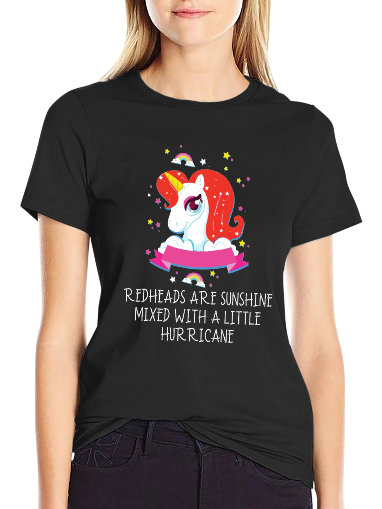 Black Redhead Sunshine Hurricane Unicorn Black T-Shirt view 2