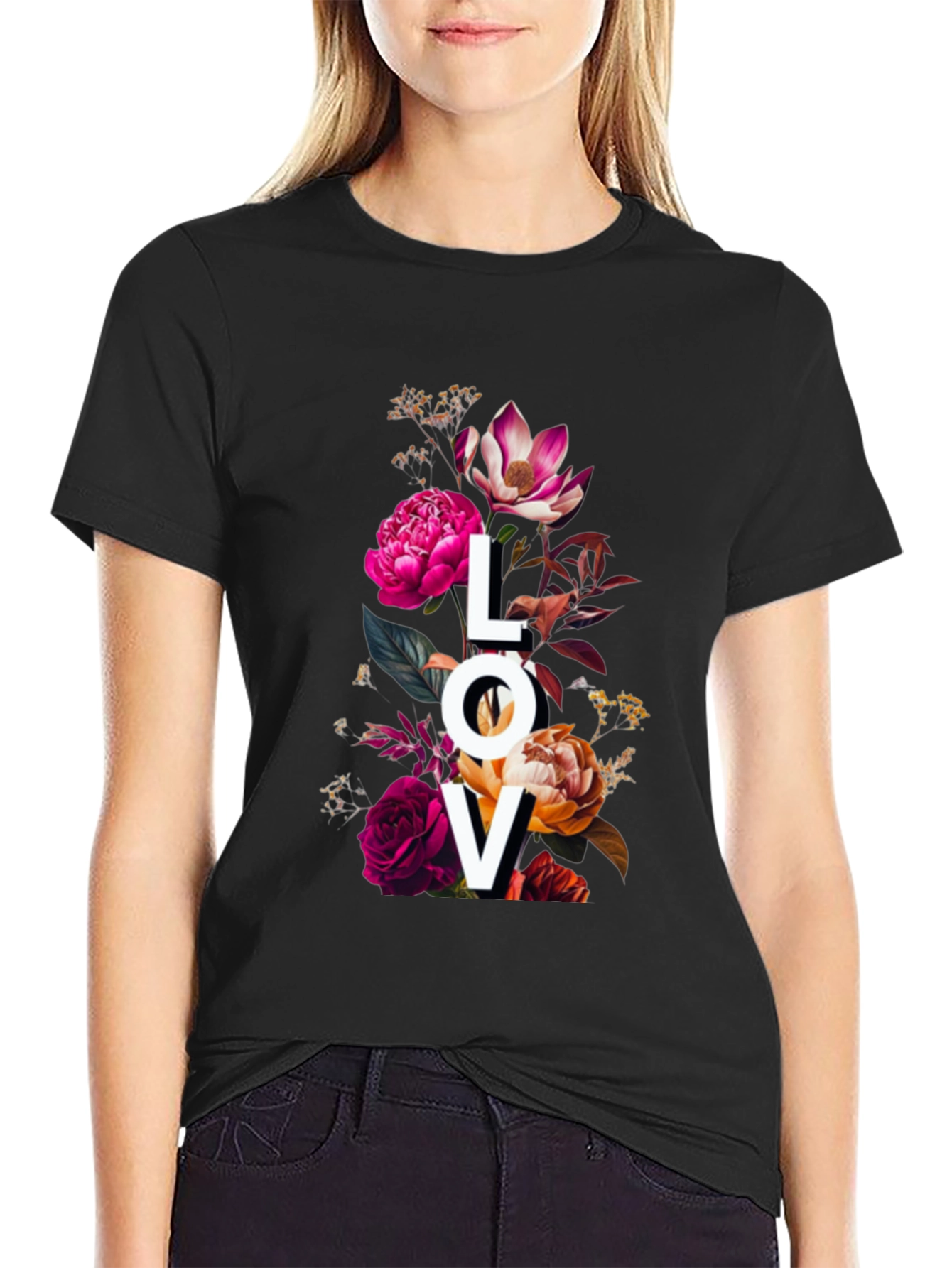 Black Floral LOVE Graphic Print T-Shirt view 2