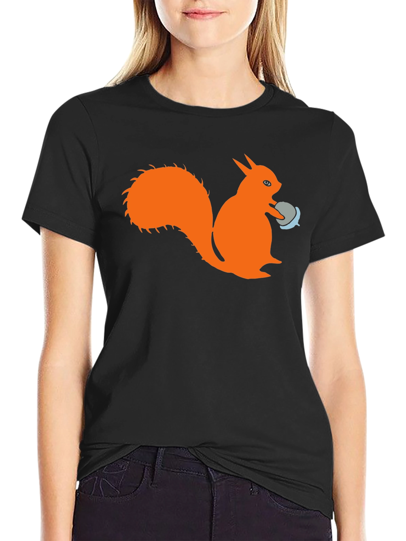 Black Squirrel T-Shirt - Black Cotton Tee with Orange Squirrel Design view 2