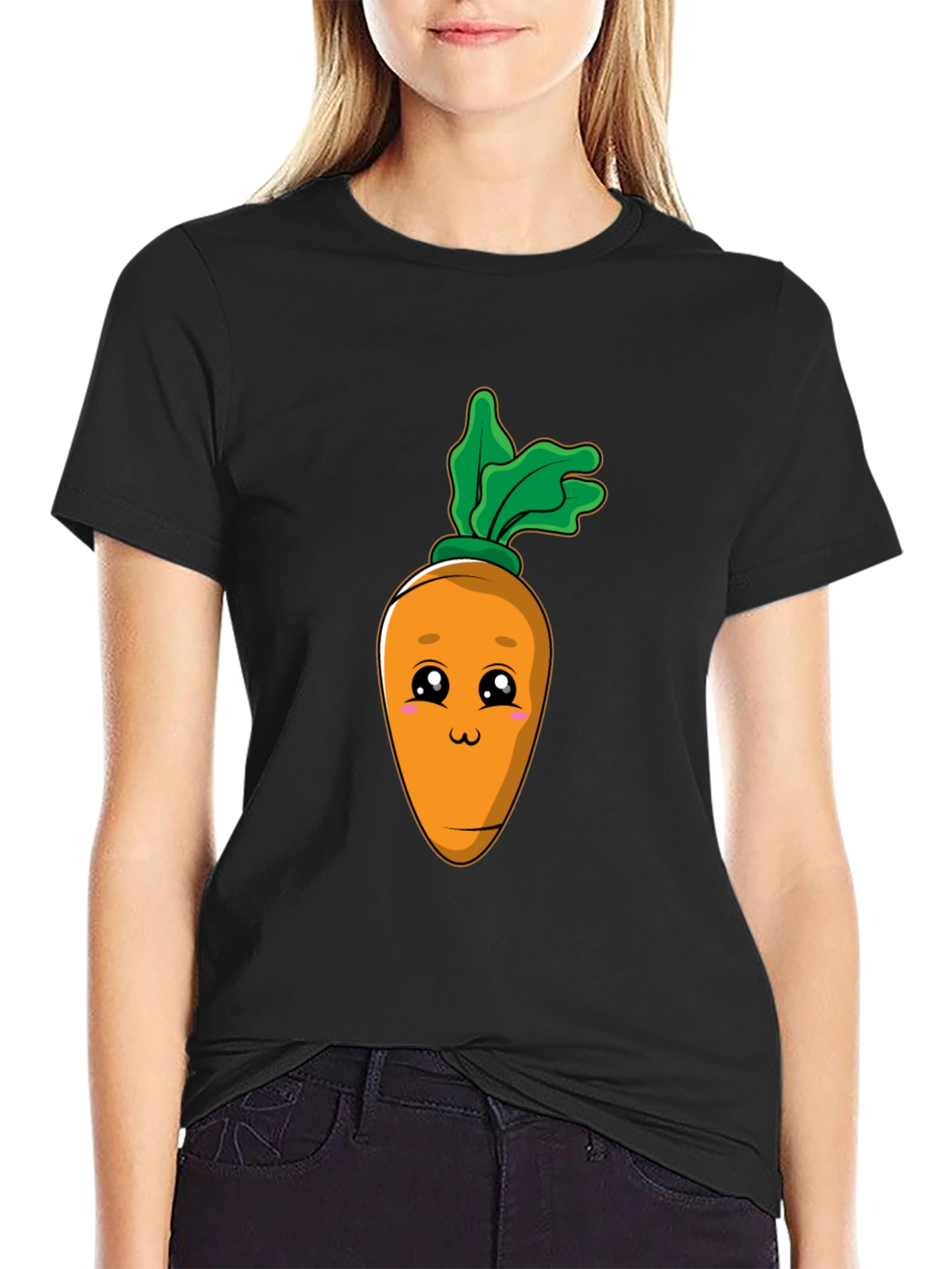 Black Cute Carrot Graphic Tee - Black Cotton Blend T-Shirt view 2