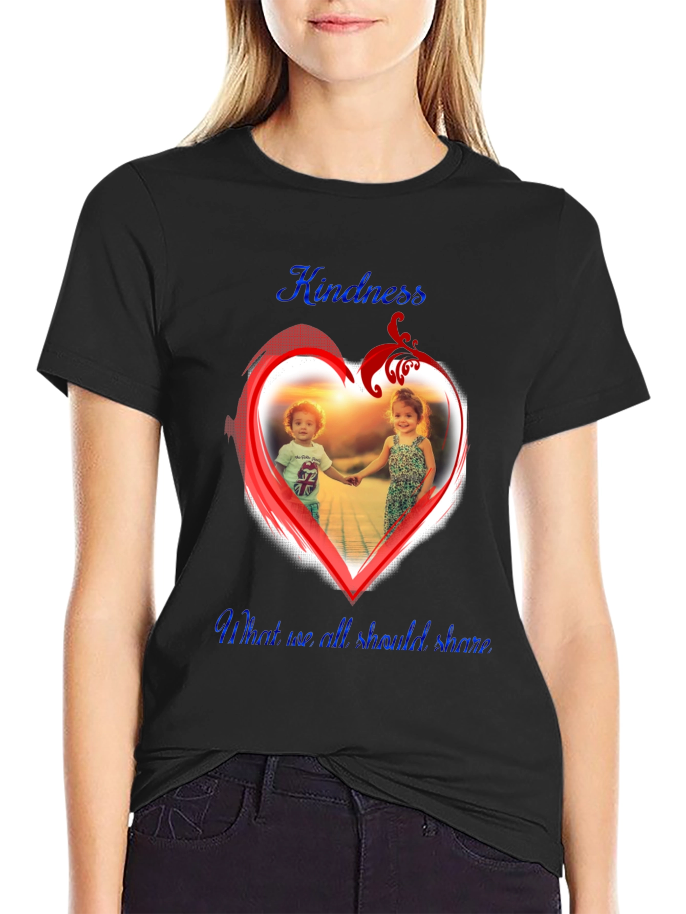 Black Kindness Share Black T-Shirt With Heart Graphic view 2