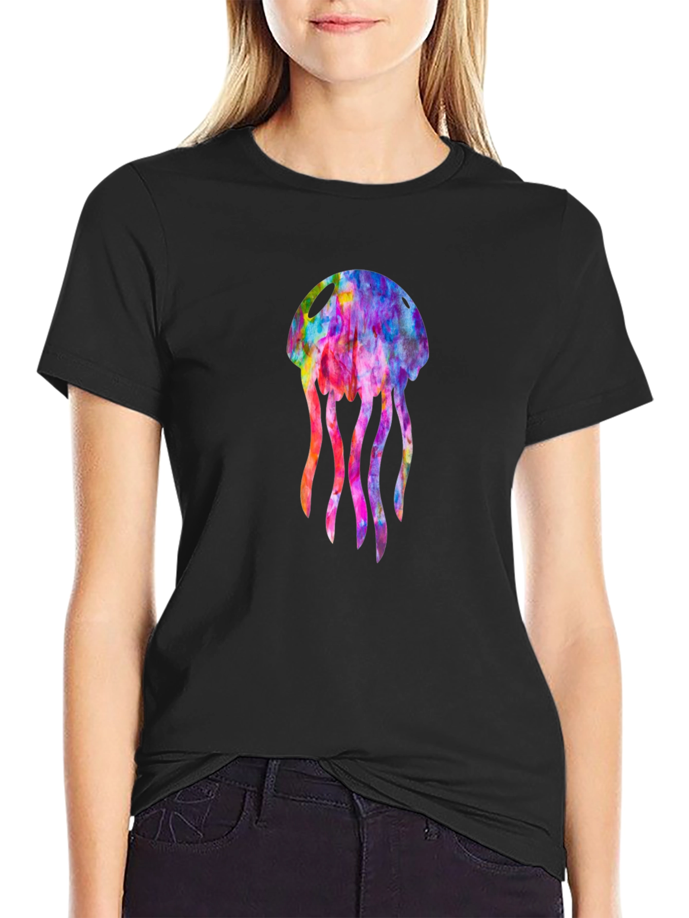 Black Colorful Jellyfish Graphic Black T-Shirt view 2