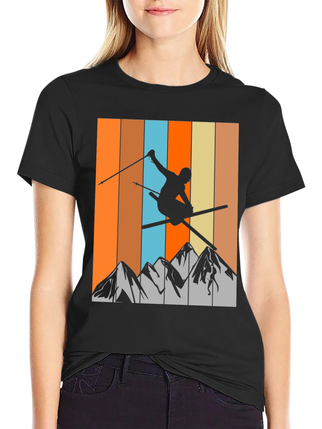 Black Retro Skiing T-Shirt - Mountain Silhouette Tee view 2