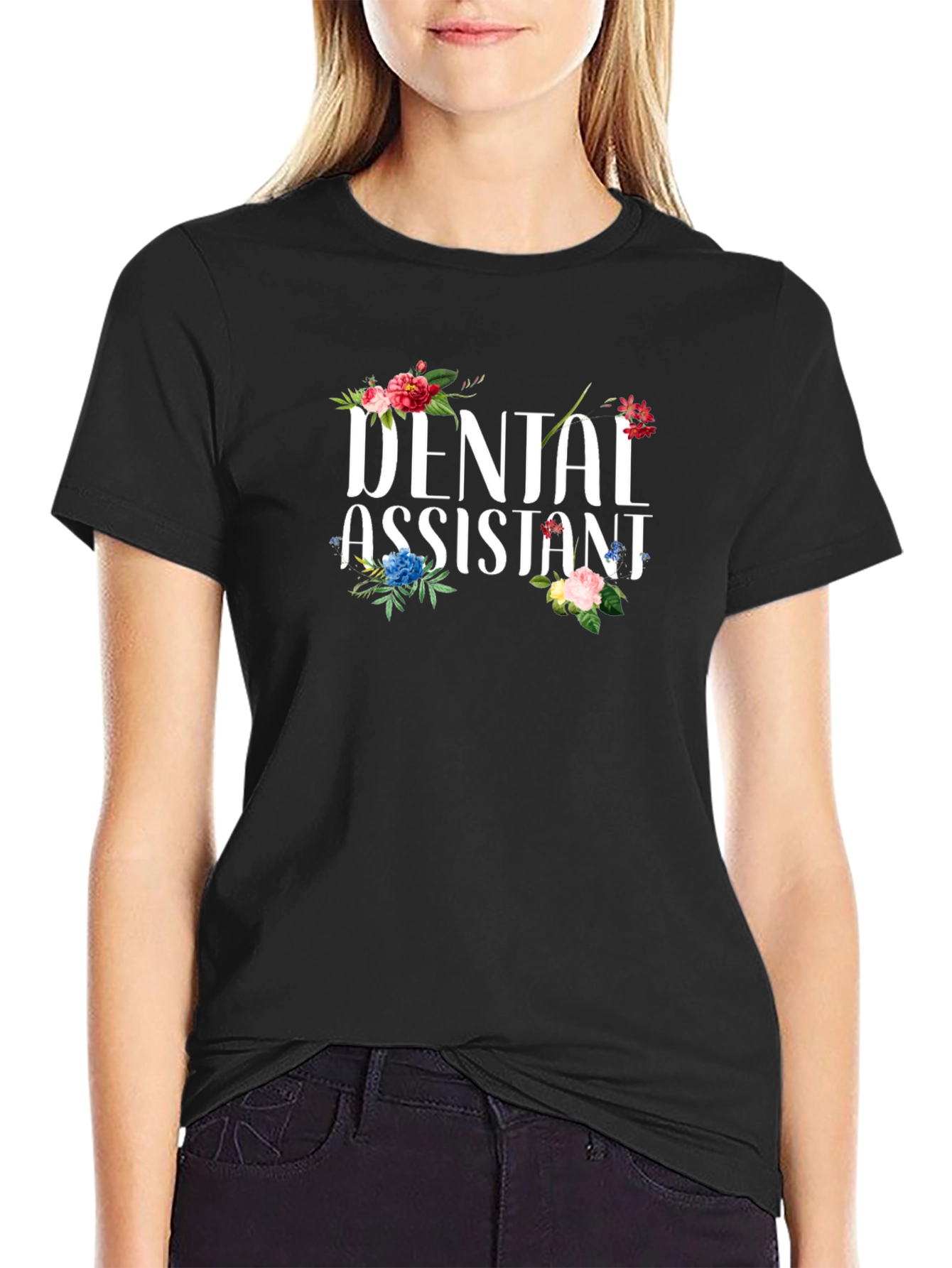 Black Dental Assistant Floral T-Shirt view 2