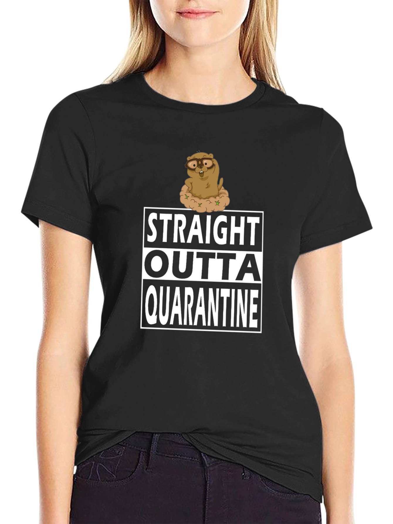 Black Straight Outta Quarantine T-Shirt Funny Groundhog view 2