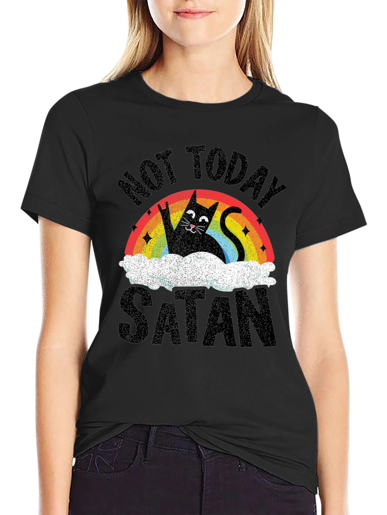 Black Not Today Satan Cat Graphic T-Shirt view 2