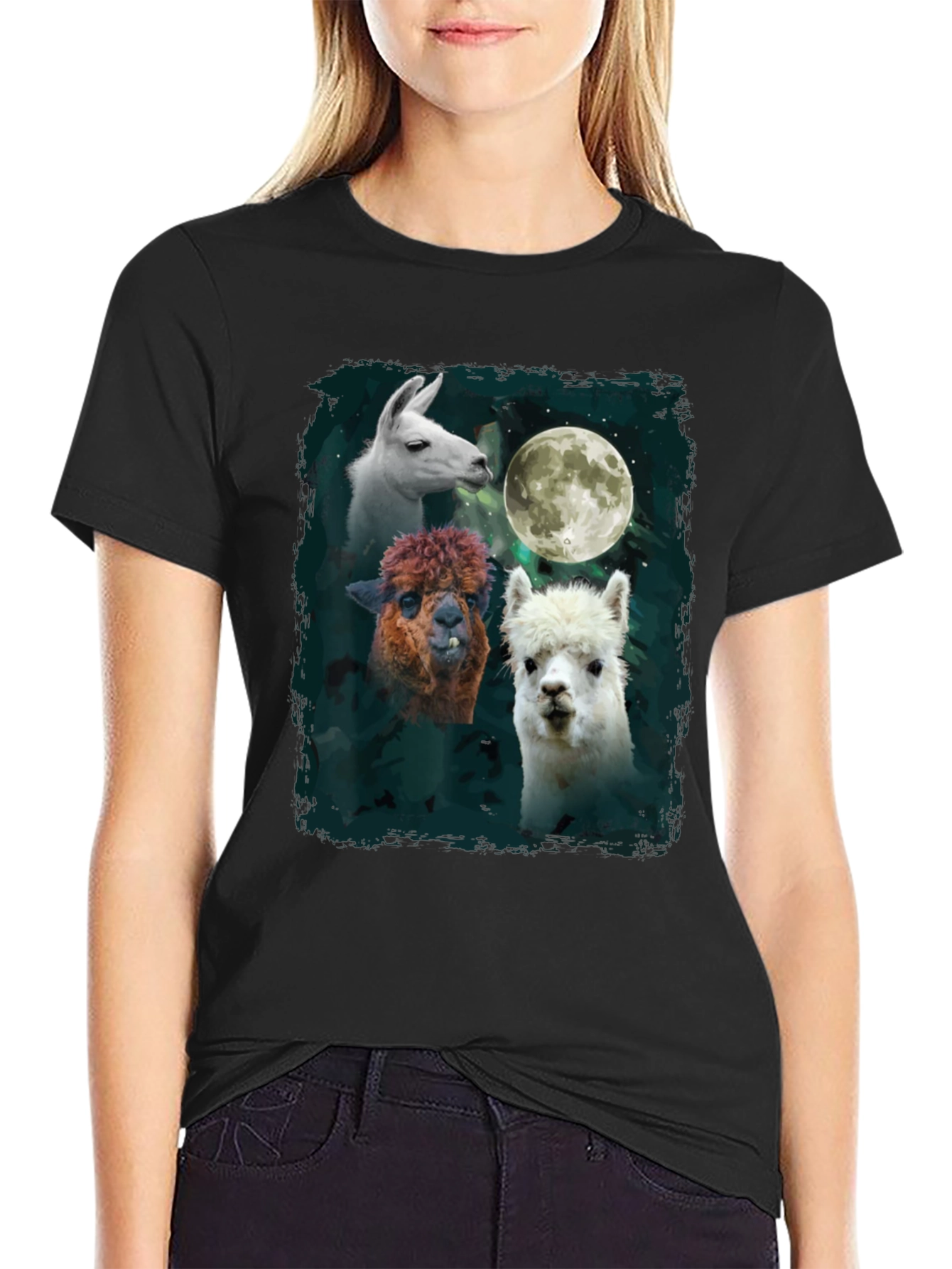 Black Llama Moon T-Shirt - Unique Animal Graphic Tee view 2