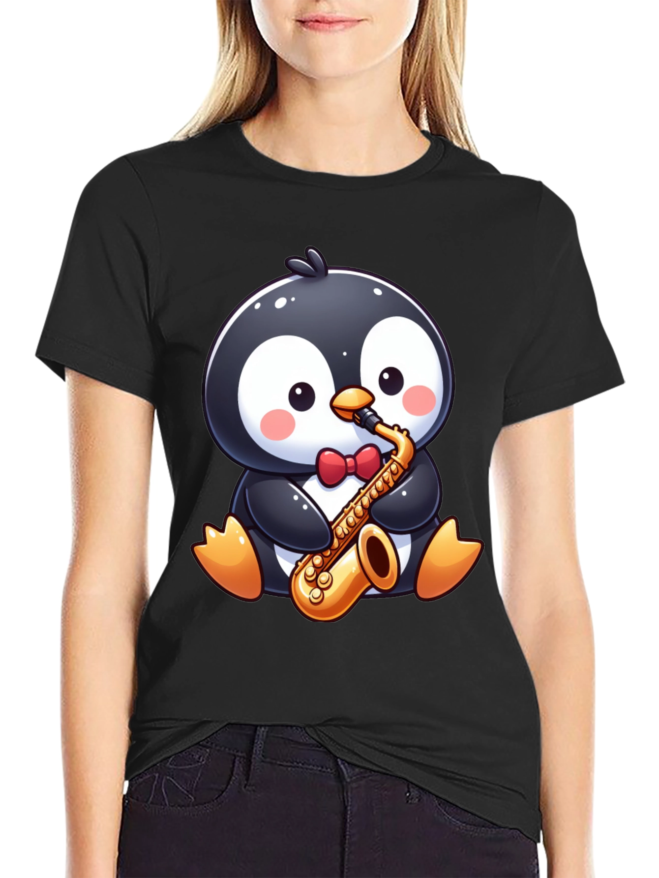 Black Penguin Sax Player T-Shirt view 2