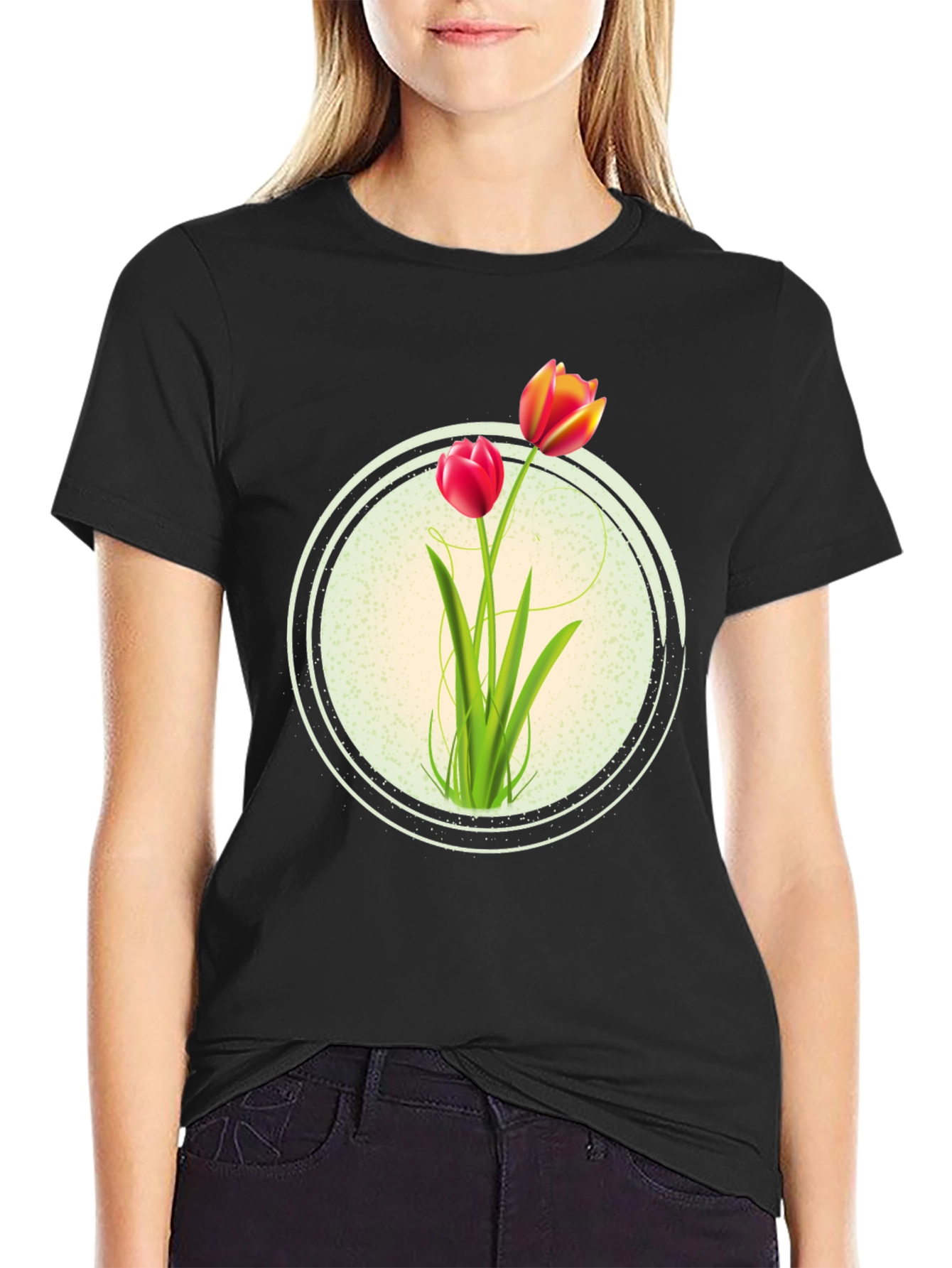 Black Floral Tulip Graphic Print Crew Neck T-Shirt view 2