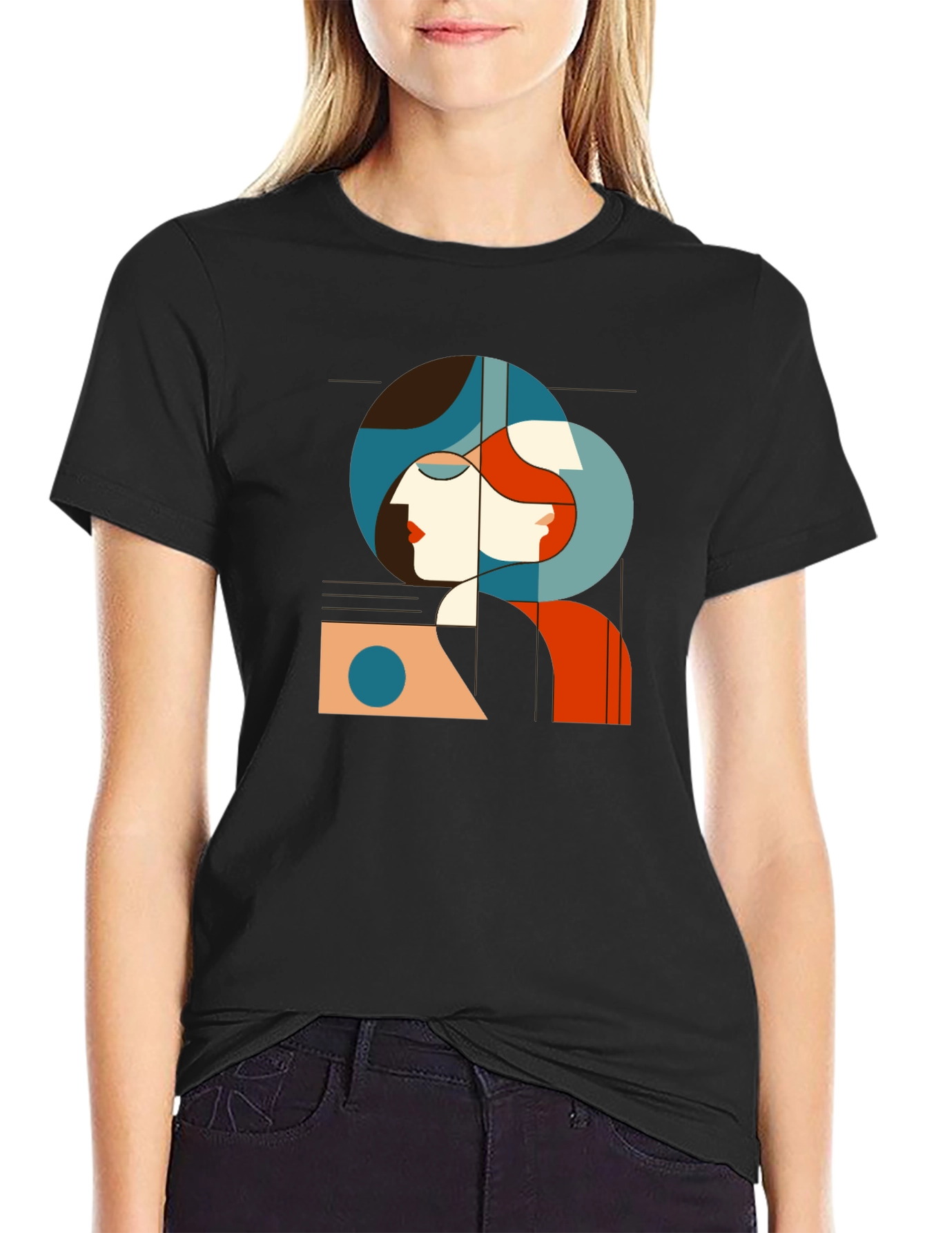 Black Abstract Woman Graphic Tee - Unisex Black T-Shirt view 2