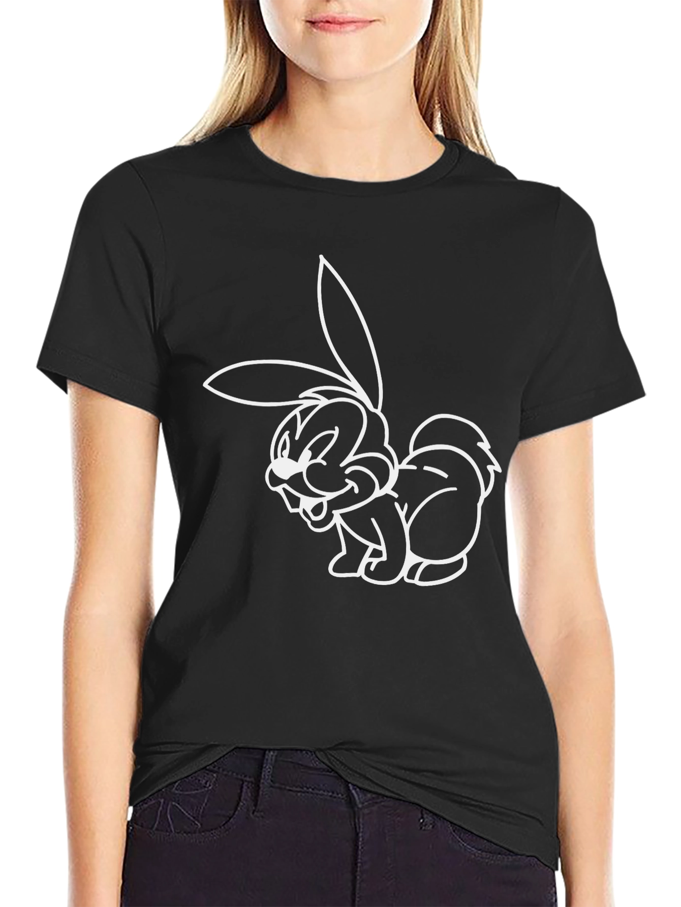 Black Funny Cartoon Bunny Graphic T-Shirt view 2