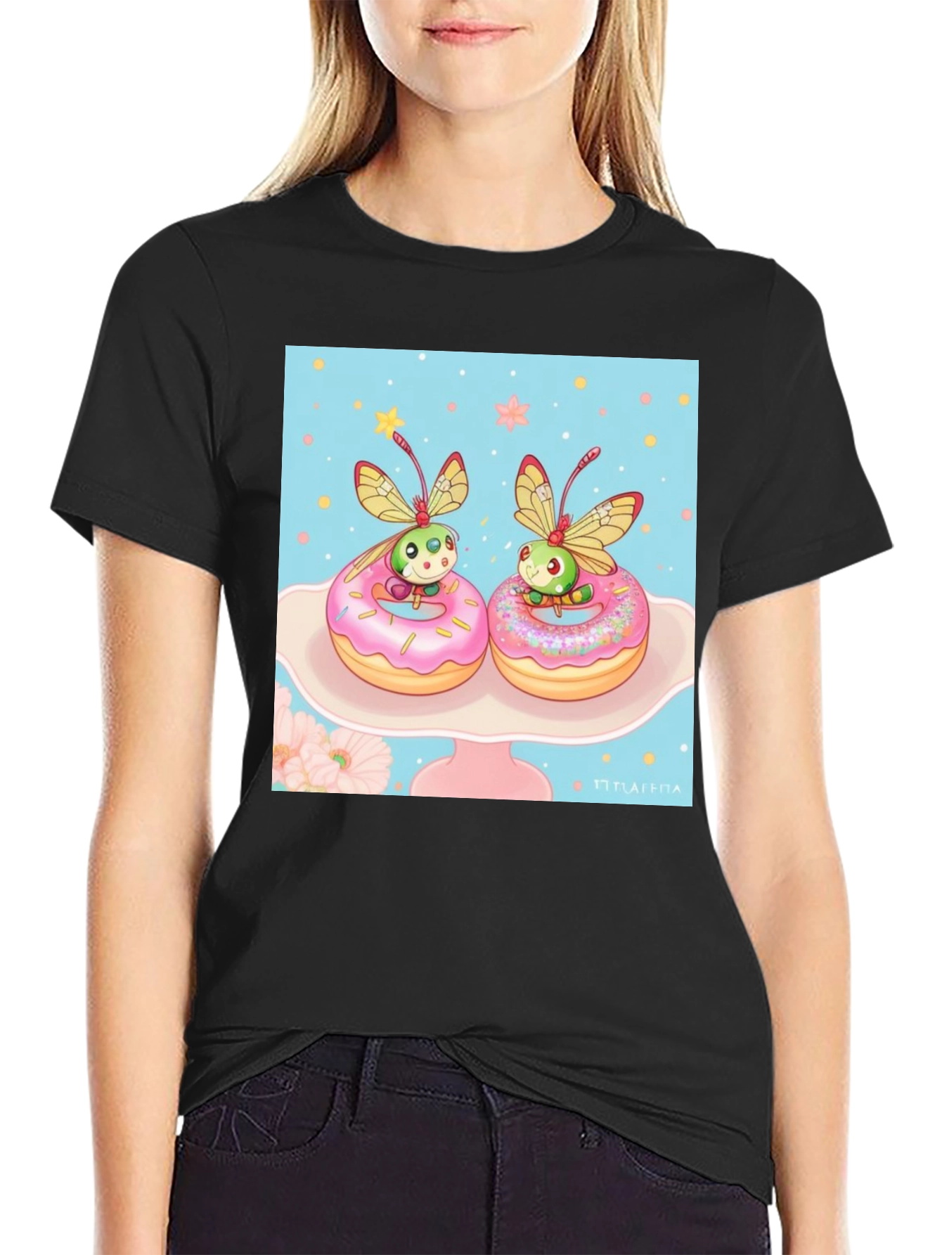 Black Cute Bug on Donut T-Shirt view 2