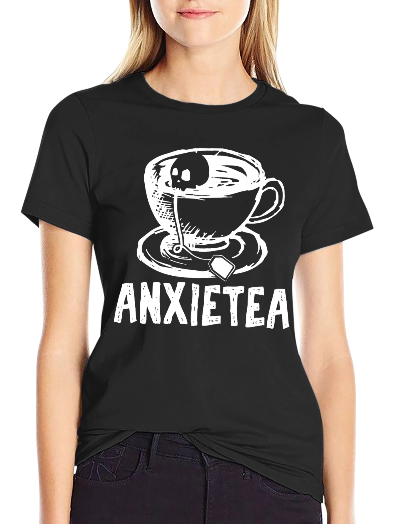 Black Anxietea T-Shirt - Skull Tea Cup Graphic Tee view 2