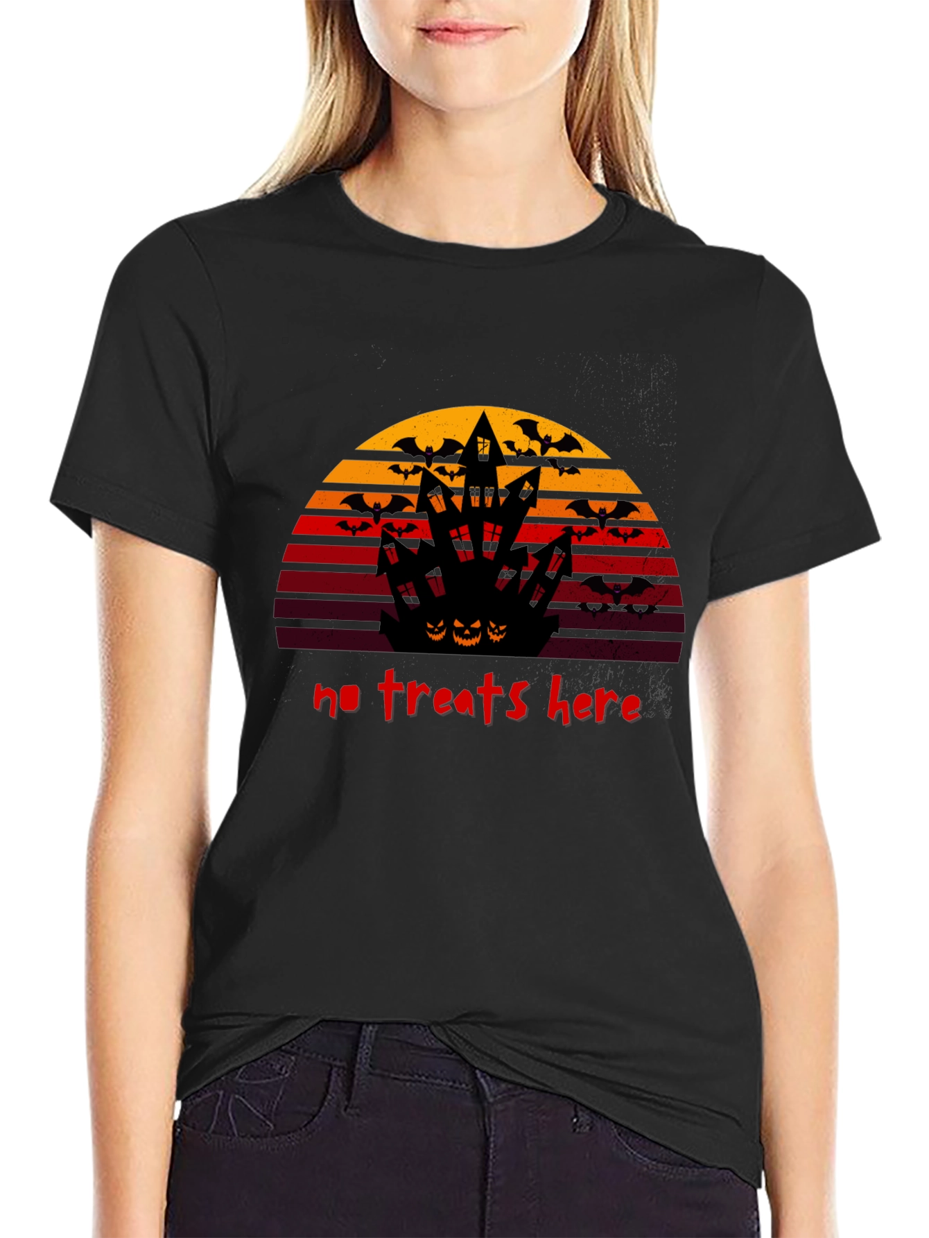 Black Halloween No Treats Here Graphic T-Shirt view 2