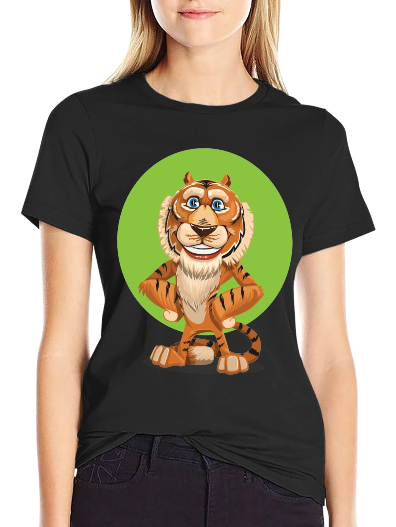 Black Cartoon Tiger Graphic Tee - Unisex Black T-Shirt view 2