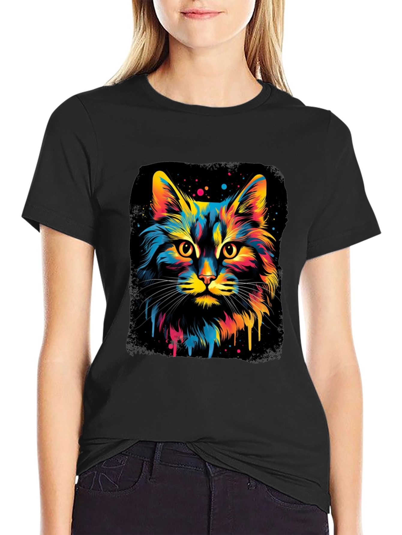 Black Colorful Cat Graphic Black T-Shirt view 2