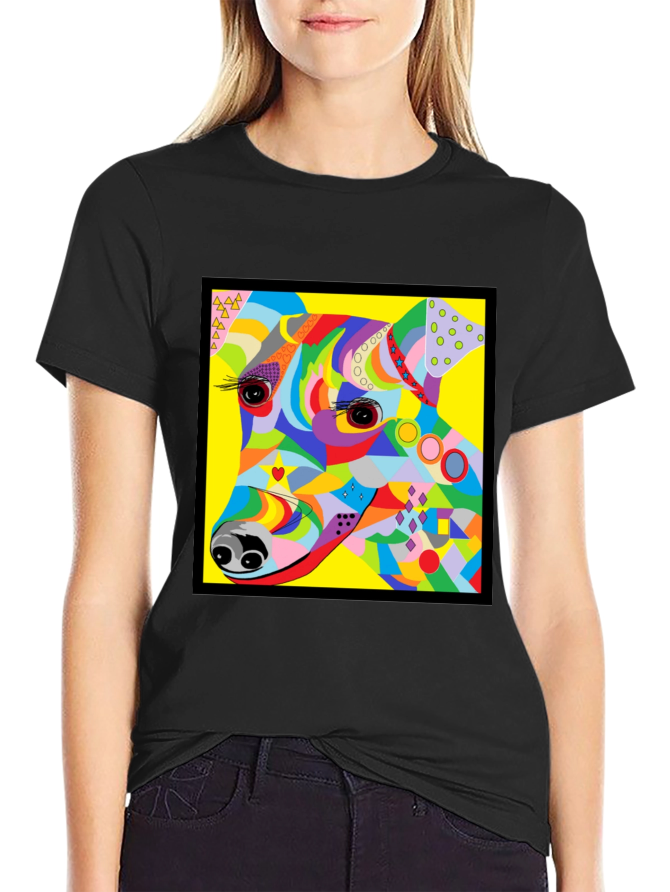 Black Colorful Dog Graphic Tee - Artistic Pup Print view 2