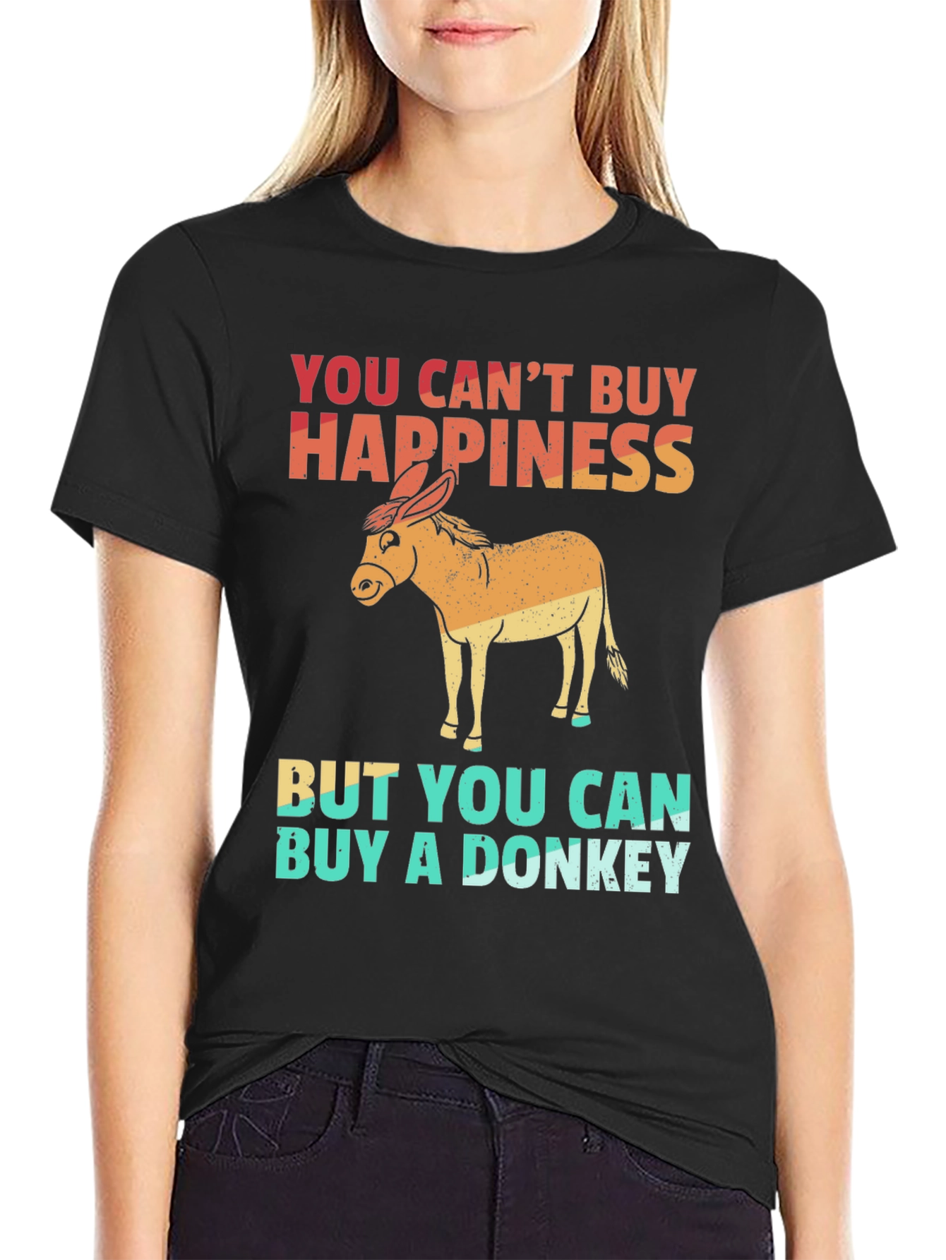 Black Funny Donkey Graphic Tee - You Can't Buy Happiness view 2