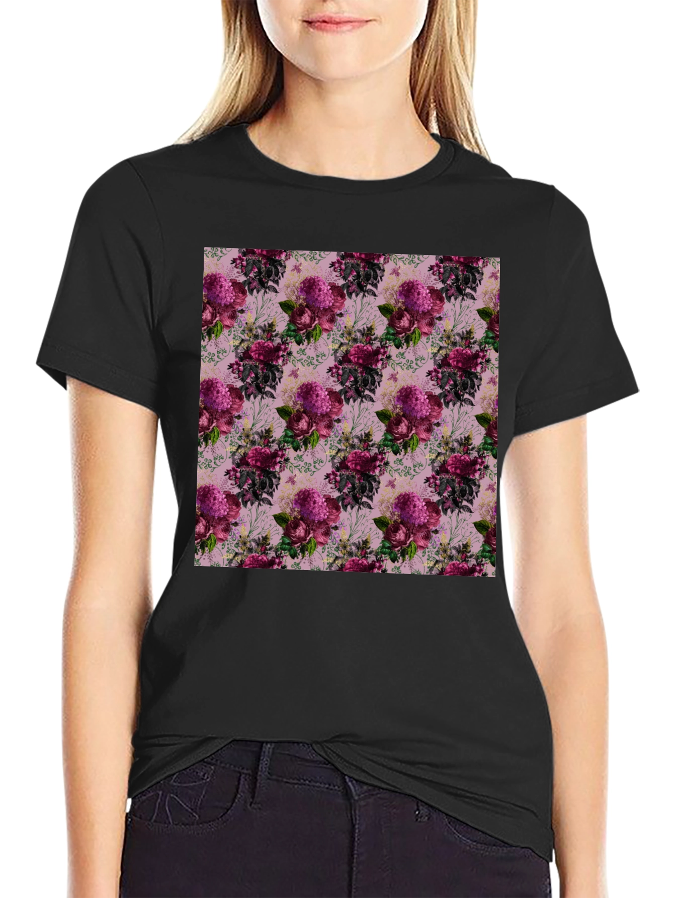 Black Floral Pattern Black T-Shirt view 2