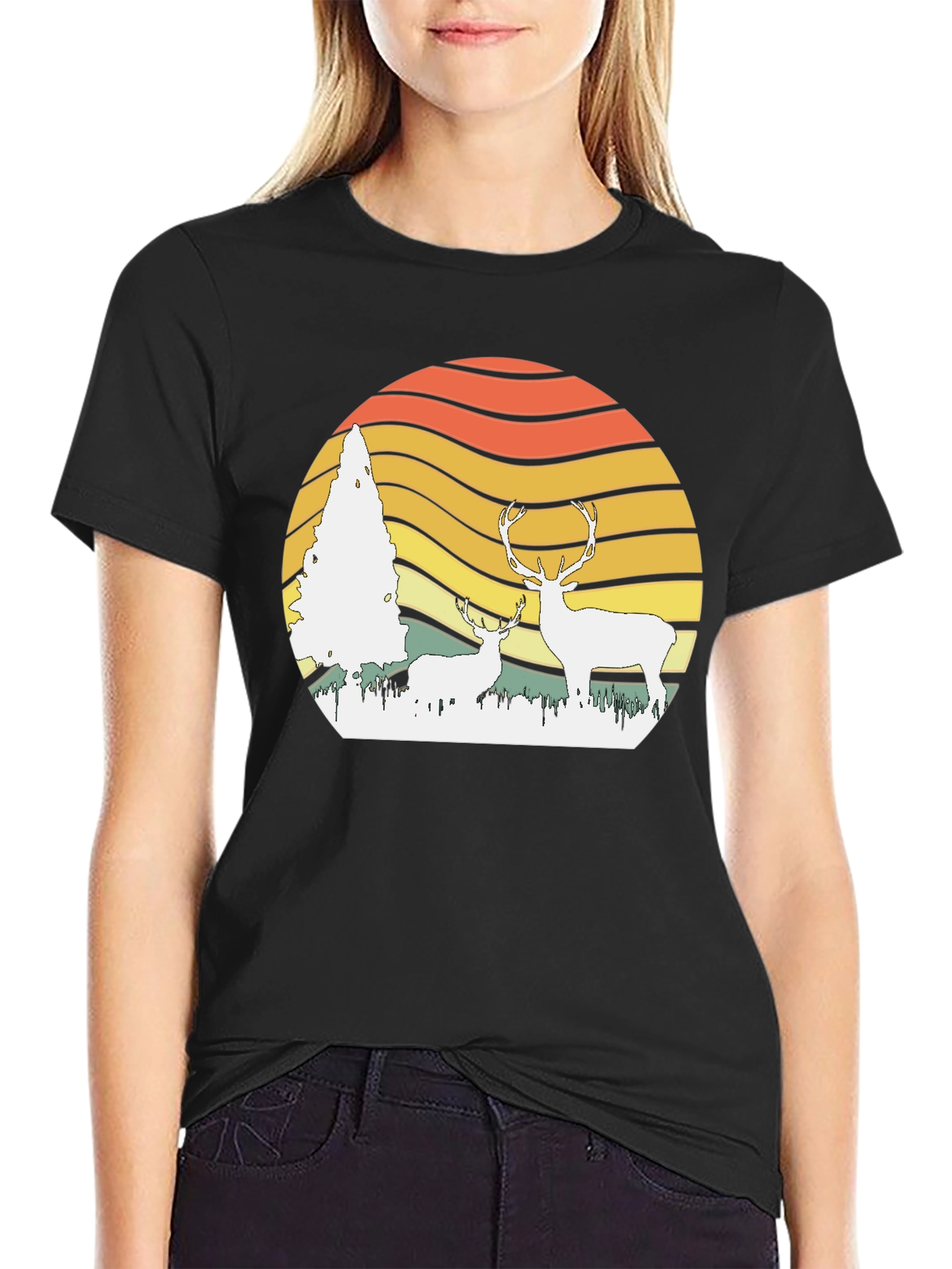 Black Retro Deer Sunset Graphic Tee - Nature Lover's T-Shirt view 2