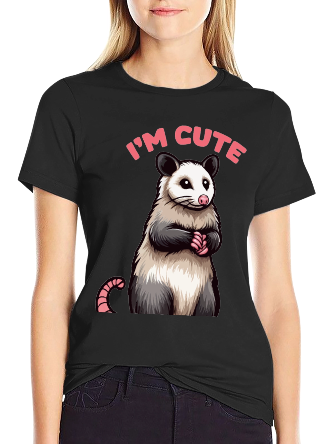 Black Cute Opossum Graphic Tee Shirt view 2