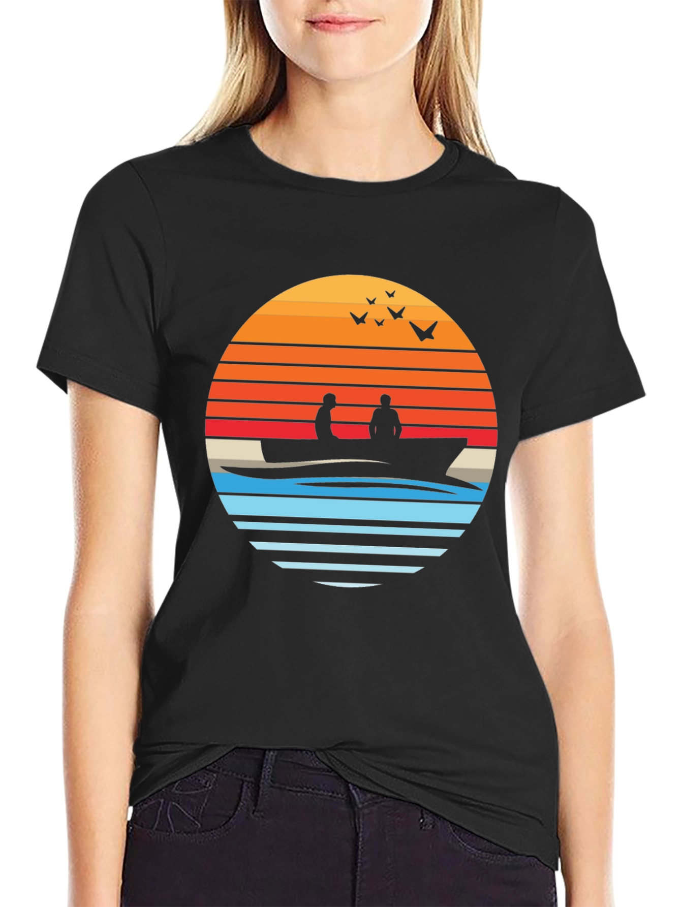 Black Sunset Silhouette Boat T-Shirt view 2