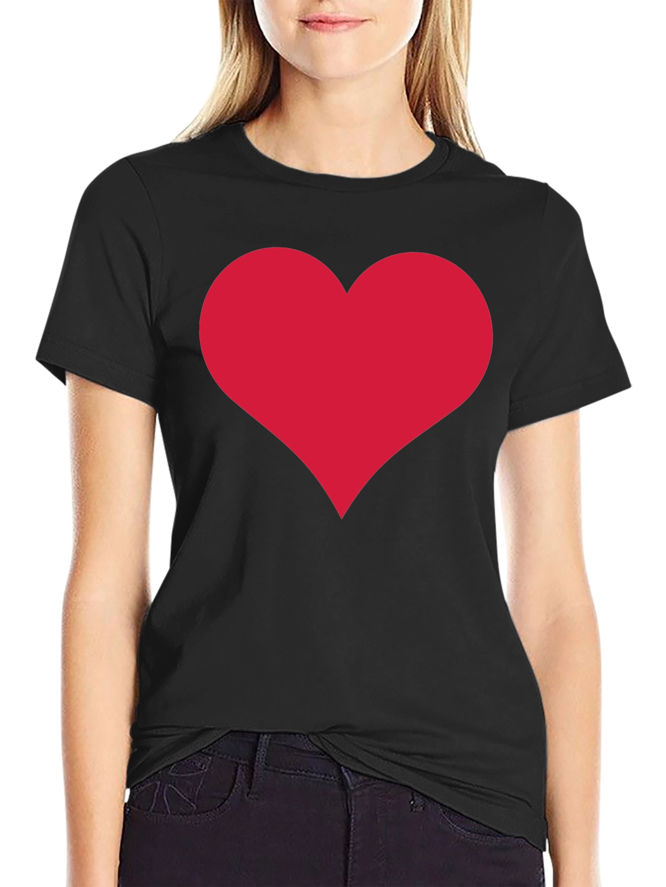 Black Red Heart Print Black Crew Neck T-Shirt view 2