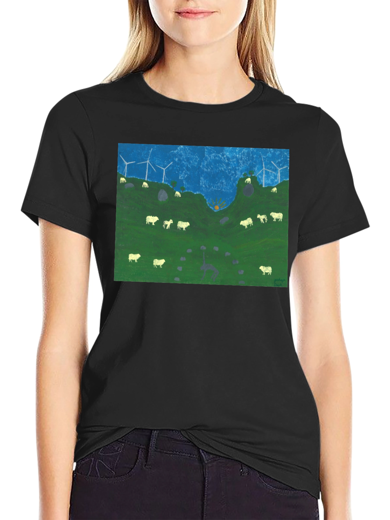 Black Wind Turbines & Sheep Graphic Tee view 2