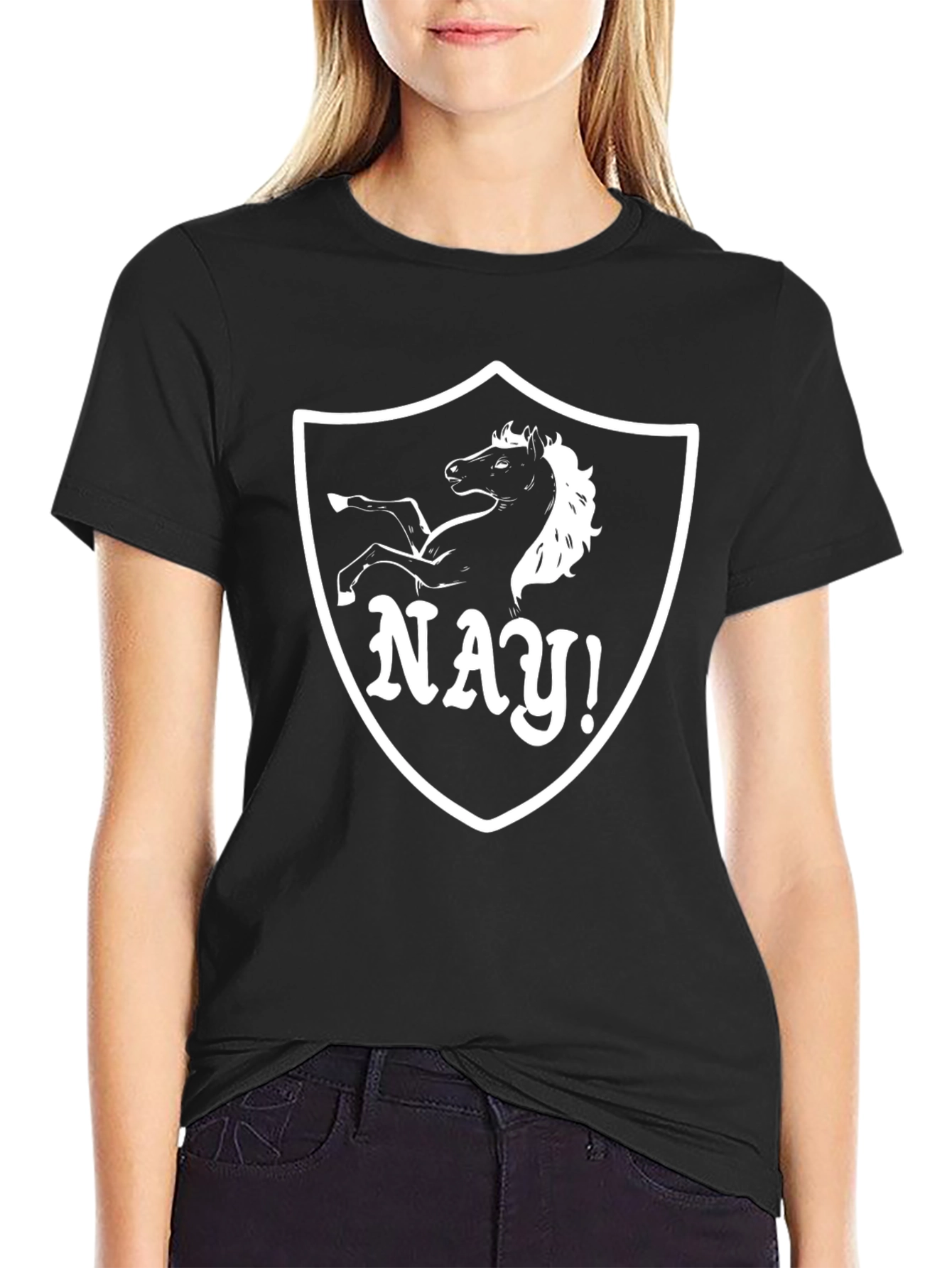 Black Funny Horse Nay! Black T-Shirt Novelty Gift view 2