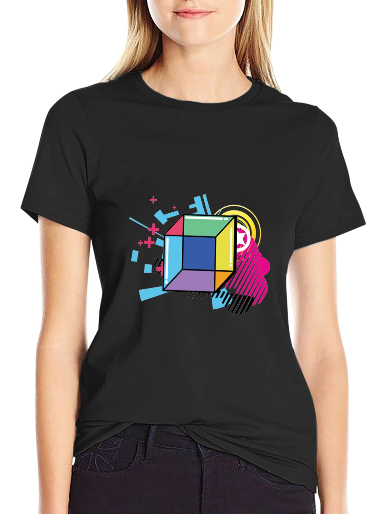 Black Geometric Cube Graphic Black Tee view 2