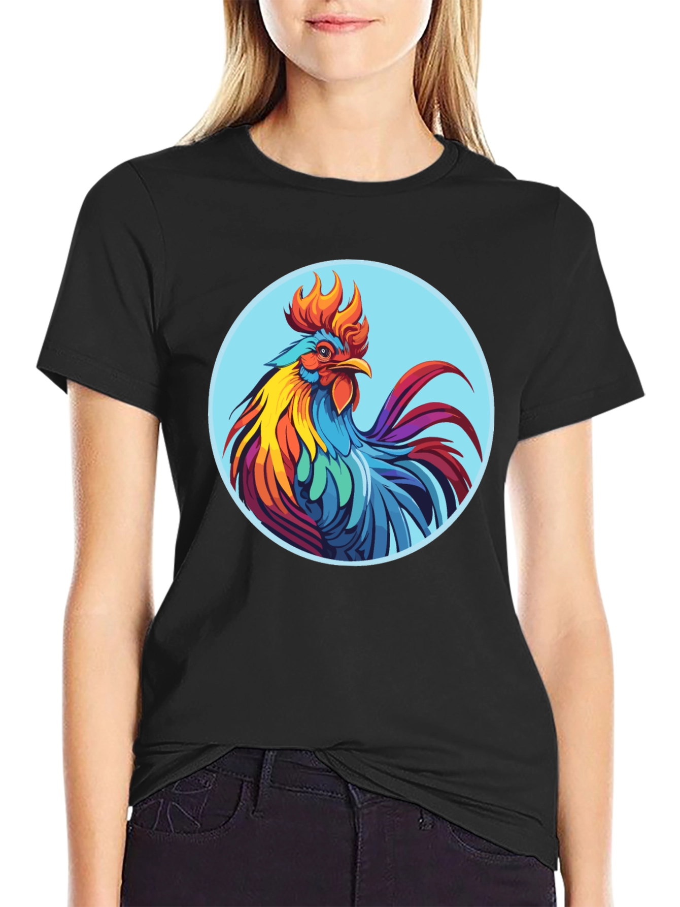 Black Rooster Graphic Tee - Bold Black Cotton T-Shirt view 2